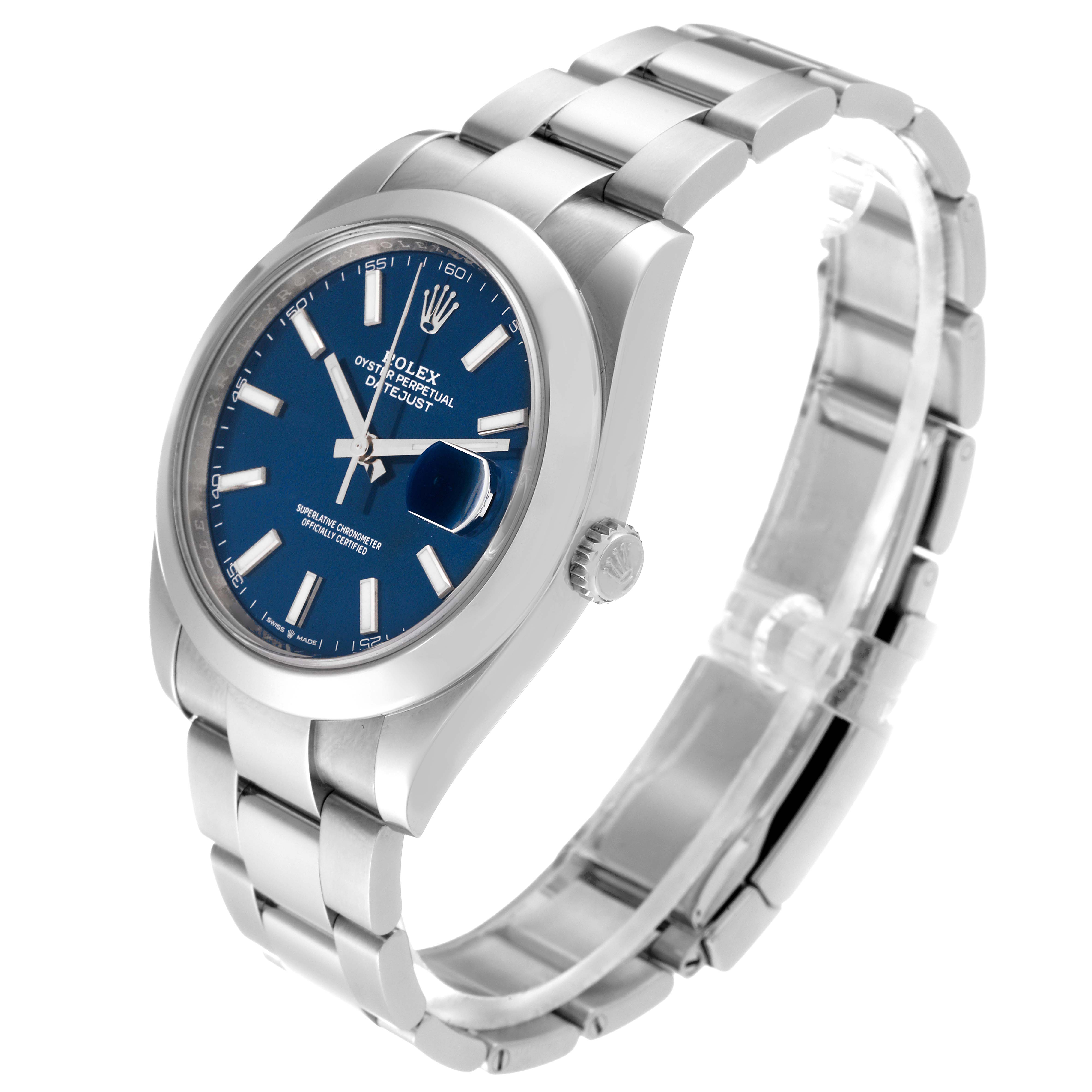 The Rolex Datejust 41 126300 Men
s Stainless Steel Blue Dial 126300 Men
s Stainless Steel Blue Dial watch is shown at a three-quarter angle, highlighting the blue dial, bracelet, and crown.