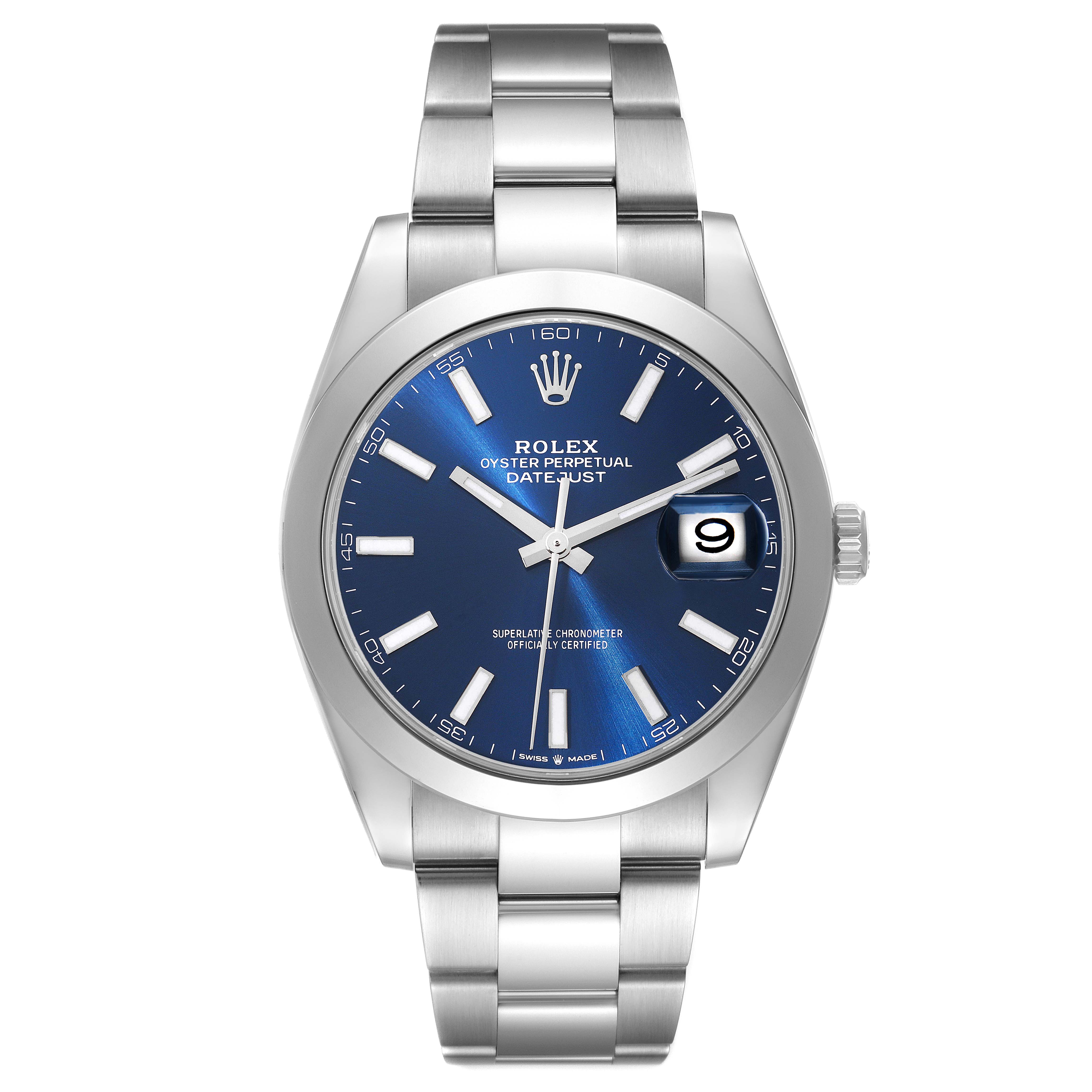 The image shows a front view of a Rolex Datejust 41 126300 Men
s Stainless Steel Blue Dial 126300 Men
s Stainless Steel Blue Dial watch with a blue dial and stainless steel bracelet.