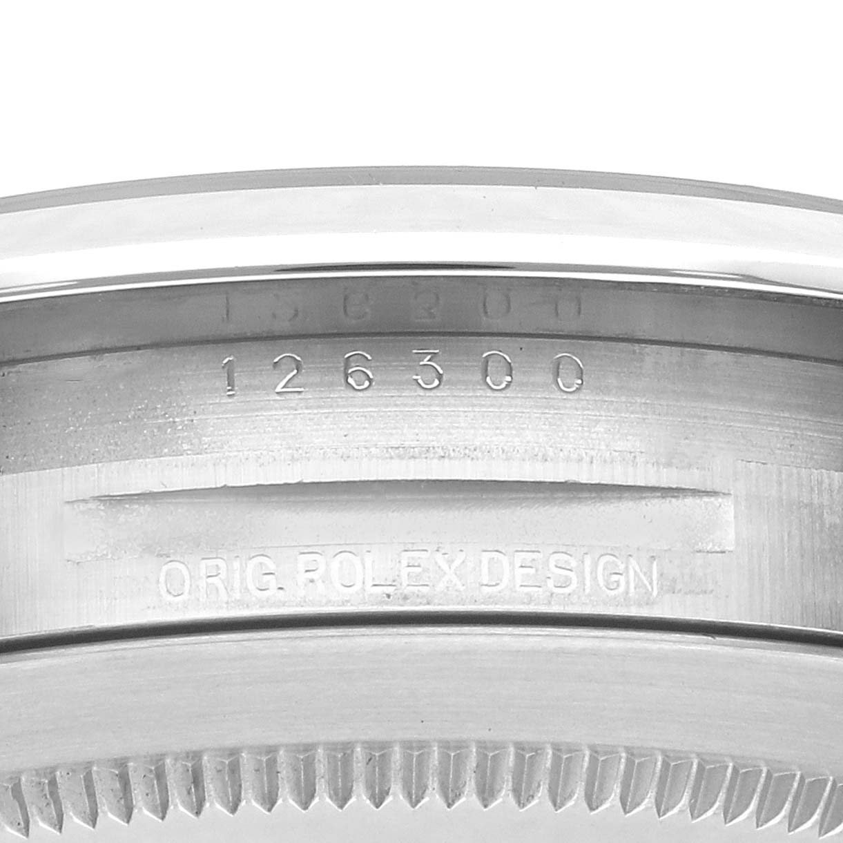 The image shows the side of a Rolex Datejust 41 126300 Men's Stainless Steel Black Dial 126300 Men's Stainless Steel Black Dial watch, featuring engraved model numbers and branding on the bezel edge.