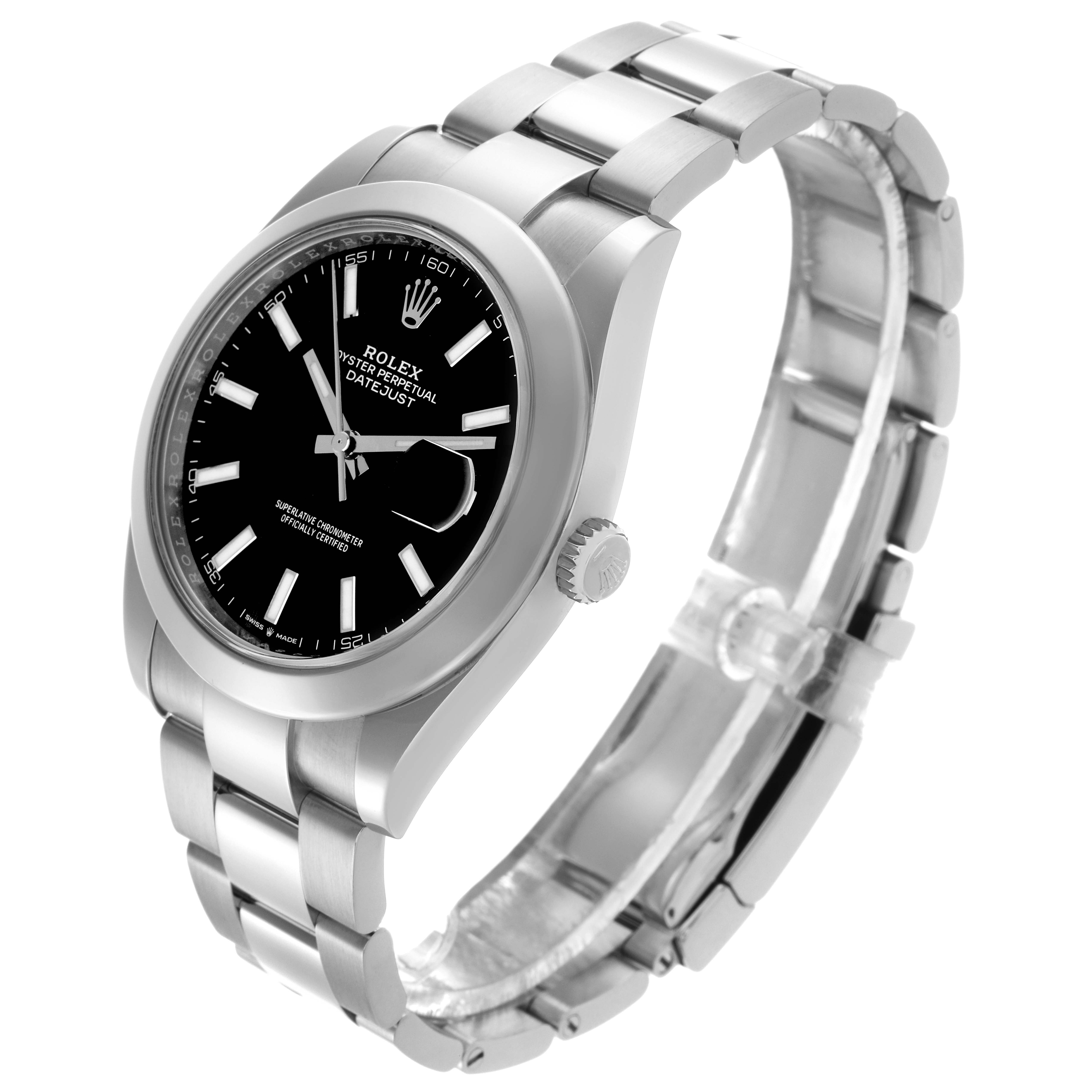 The Rolex Datejust 41 126300 Men's Stainless Steel Black Dial 126300 Men's Stainless Steel Black Dial is shown at a three-quarters angle, displaying the watch face, bezel, crown, and bracelet.