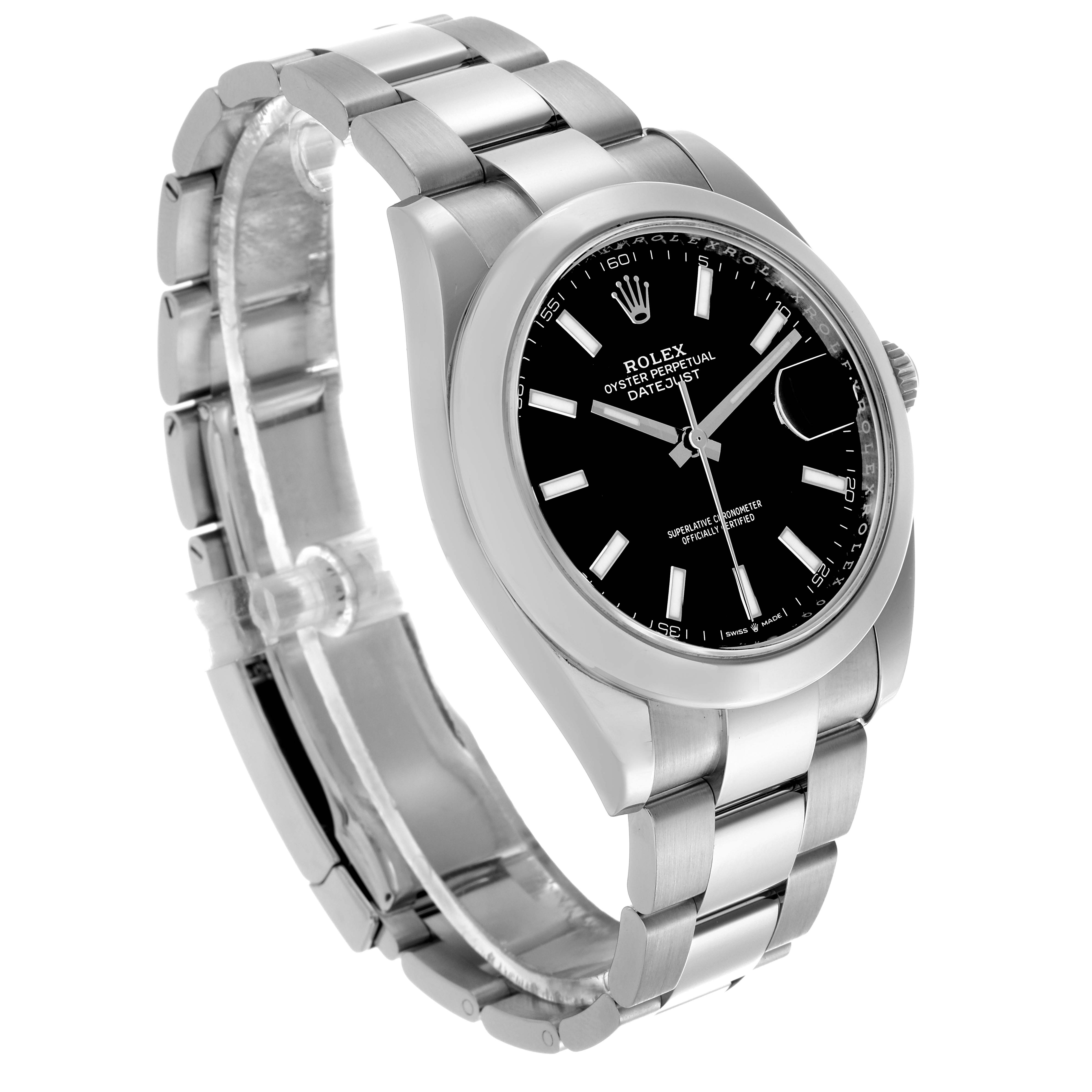 The Rolex Datejust 41 126300 Men's Stainless Steel Black Dial 126300 Men's Stainless Steel Black Dial is shown at an angled view, highlighting the black dial, stainless steel case, and bracelet.
