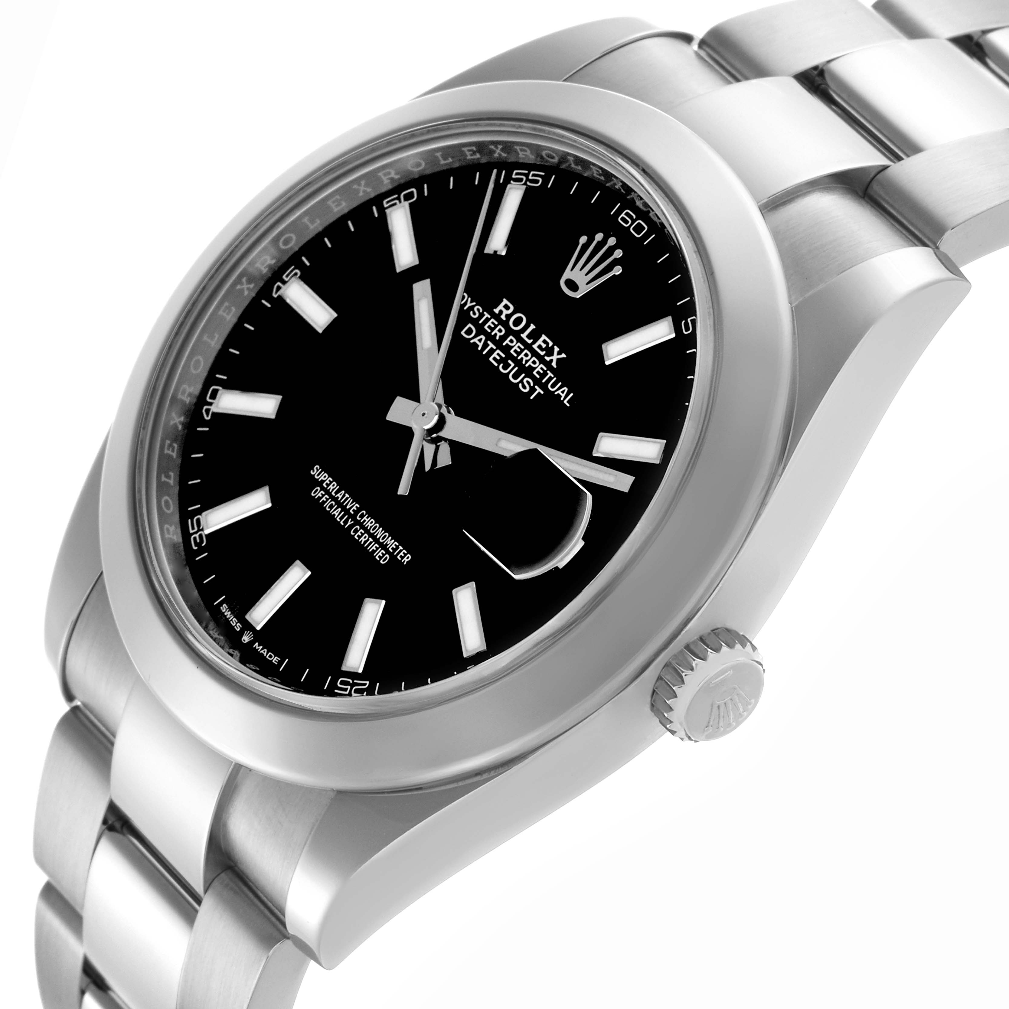 The Rolex Datejust 41 126300 Men's Stainless Steel Black Dial 126300 Men's Stainless Steel Black Dial is shown at a diagonal angle featuring the face, case, bracelet, bezel, and crown.