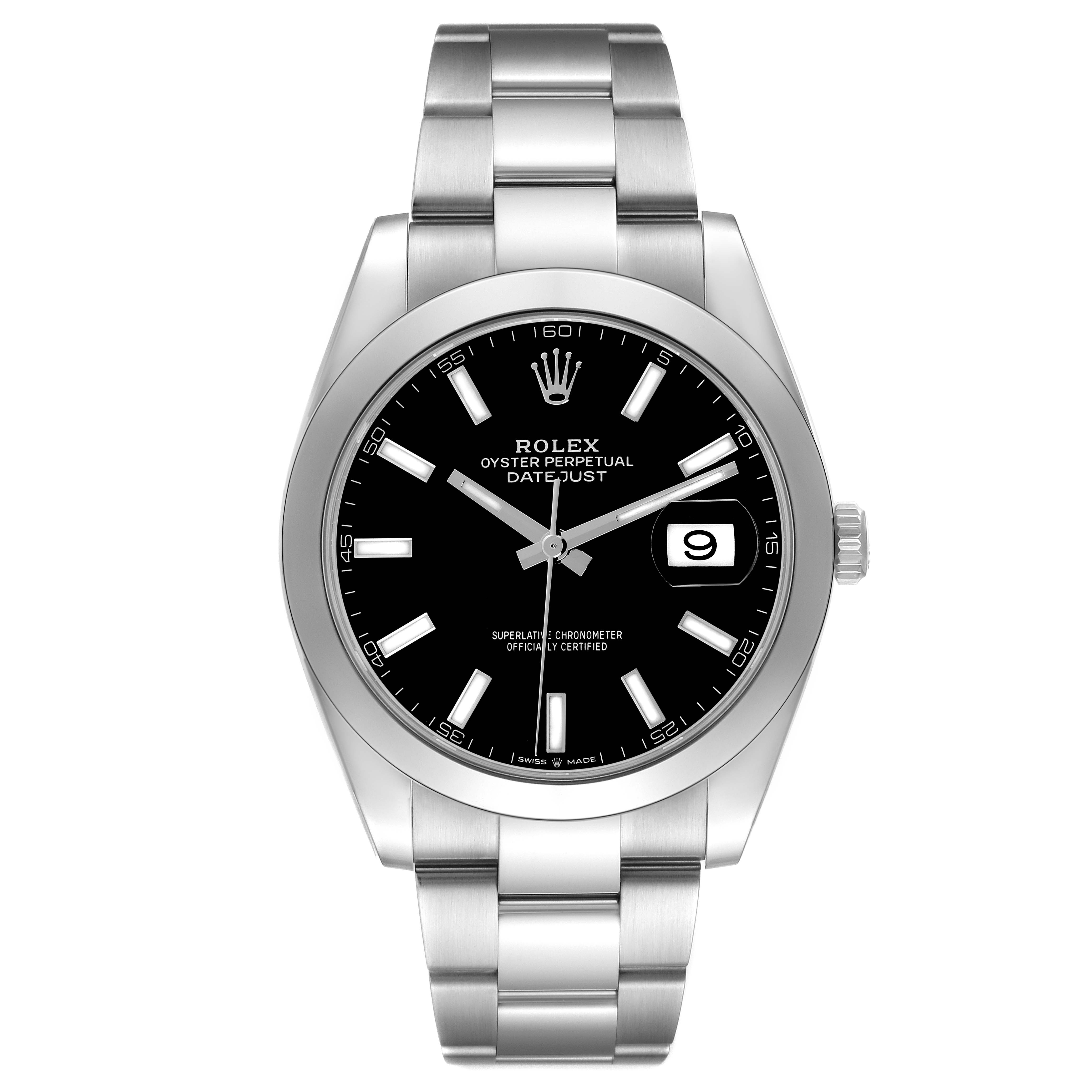 The Rolex Datejust 41 126300 Men's Stainless Steel Black Dial 126300 Men's Stainless Steel Black Dial watch is shown from the front, displaying the dial, bezel, bracelet, and cyclops lens over the date.