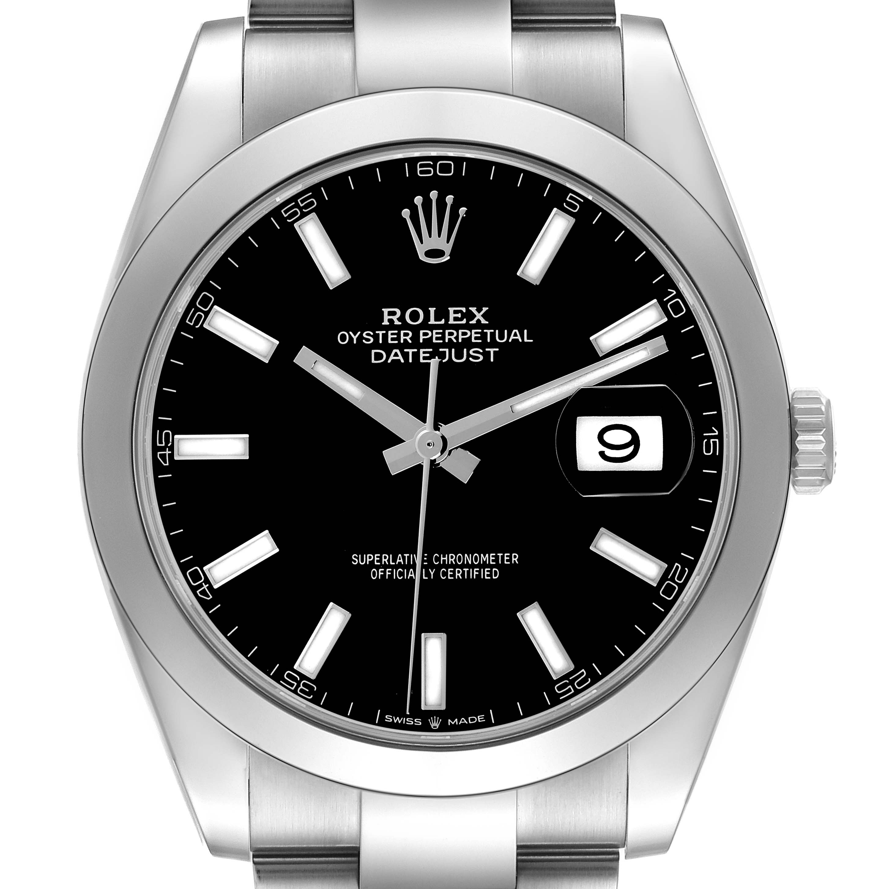 The Rolex Datejust 41 126300 Men's Stainless Steel Black Dial 126300 Men's Stainless Steel Black Dial is shown from a top-down angle, featuring the dial, bezel, crown, and part of the bracelet.