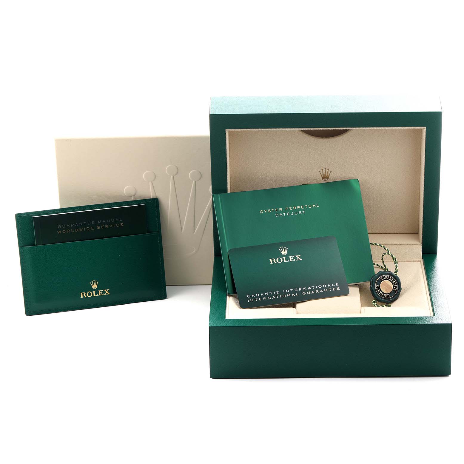 The image shows a Rolex Datejust 41 126300 Men's Stainless Steel Black Dial 126300 Men's Stainless Steel Black Dial box, warranty card, manuals, and tag, arranged at an angle displaying the accessories.