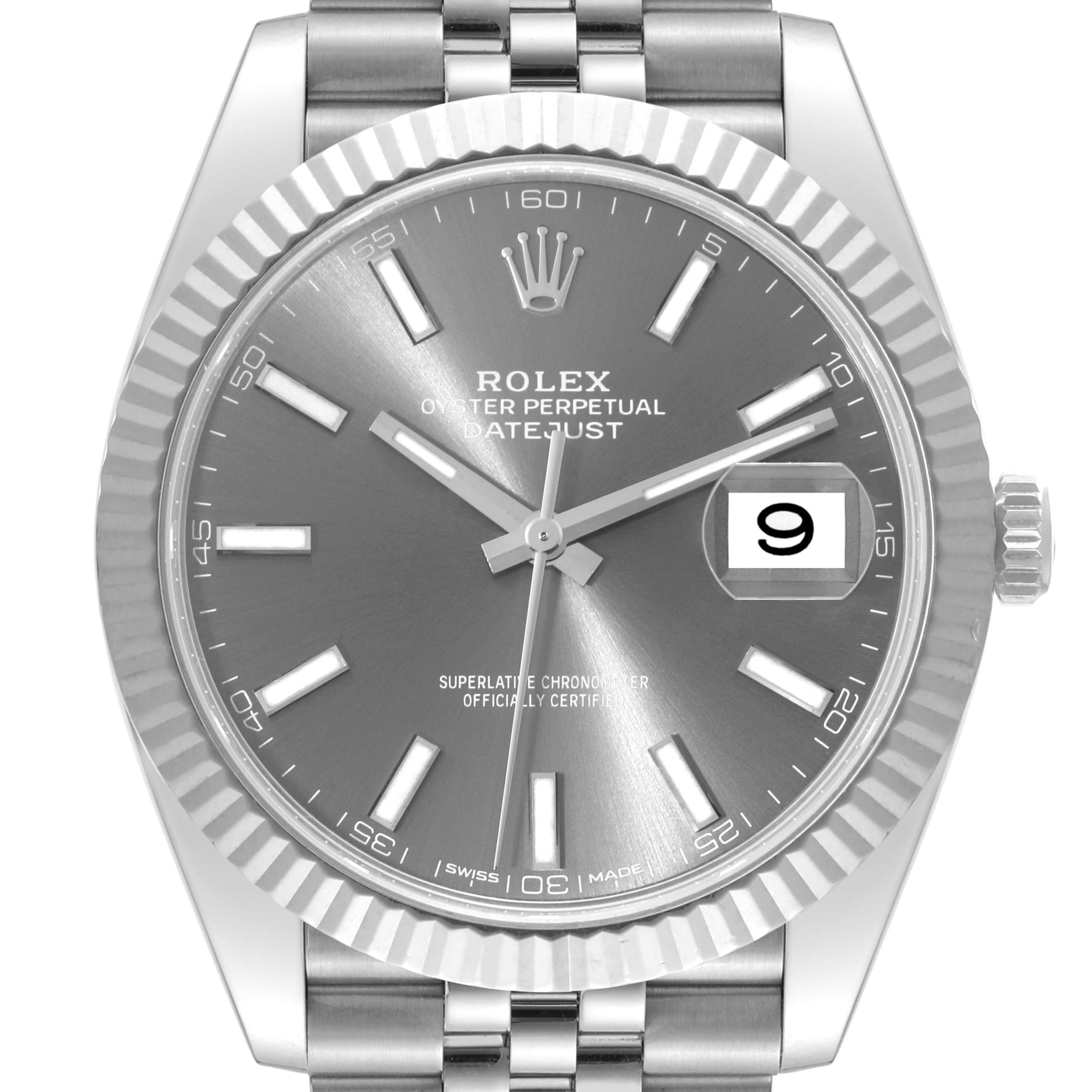 Close-up of a Rolex Datejust 41 126334 Men
s Stainless Steel Grey Dial 126334 Men
s Stainless Steel Grey Dial watch showing the dial, fluted bezel, and partial bracelet.