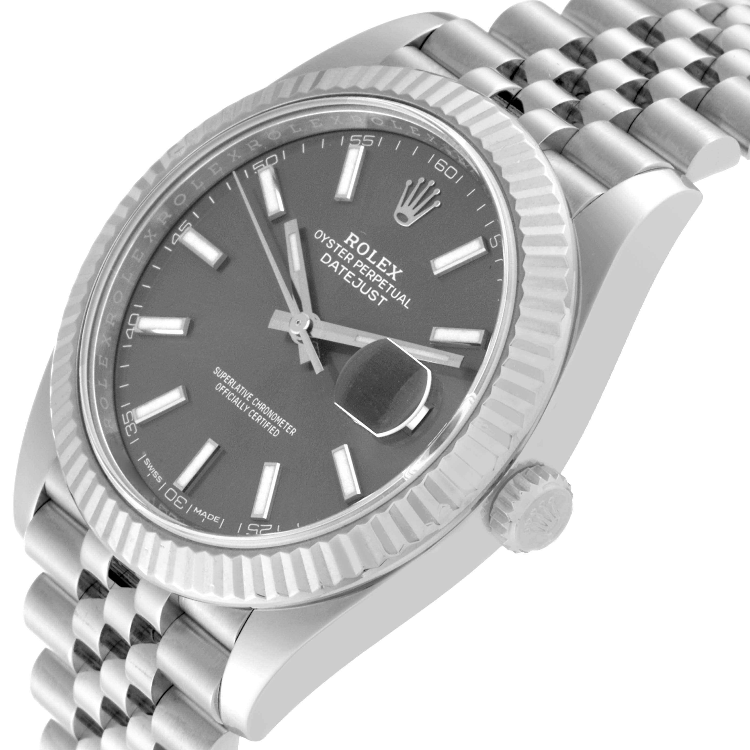 The image shows a side and front view of the Rolex Datejust 41 126334 Men
s Stainless Steel Grey Dial 126334 Men
s Stainless Steel Grey Dial, highlighting the dial, bezel, crown, and part of the bracelet.