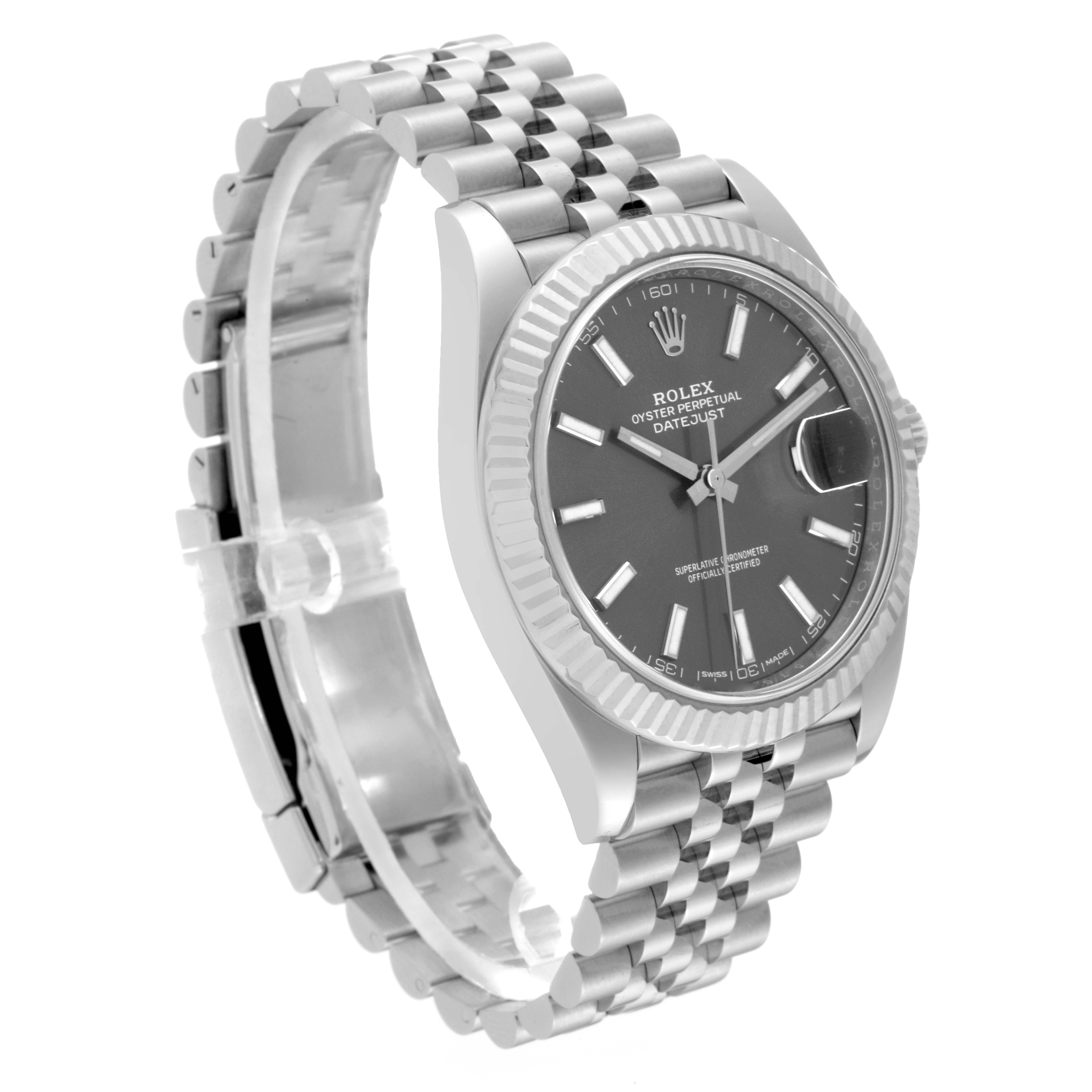 The Rolex Datejust 41 126334 Men
s Stainless Steel Grey Dial 126334 Men
s Stainless Steel Grey Dial is shown at a three-quarter angle, highlighting the face, bezel, and bracelet.
