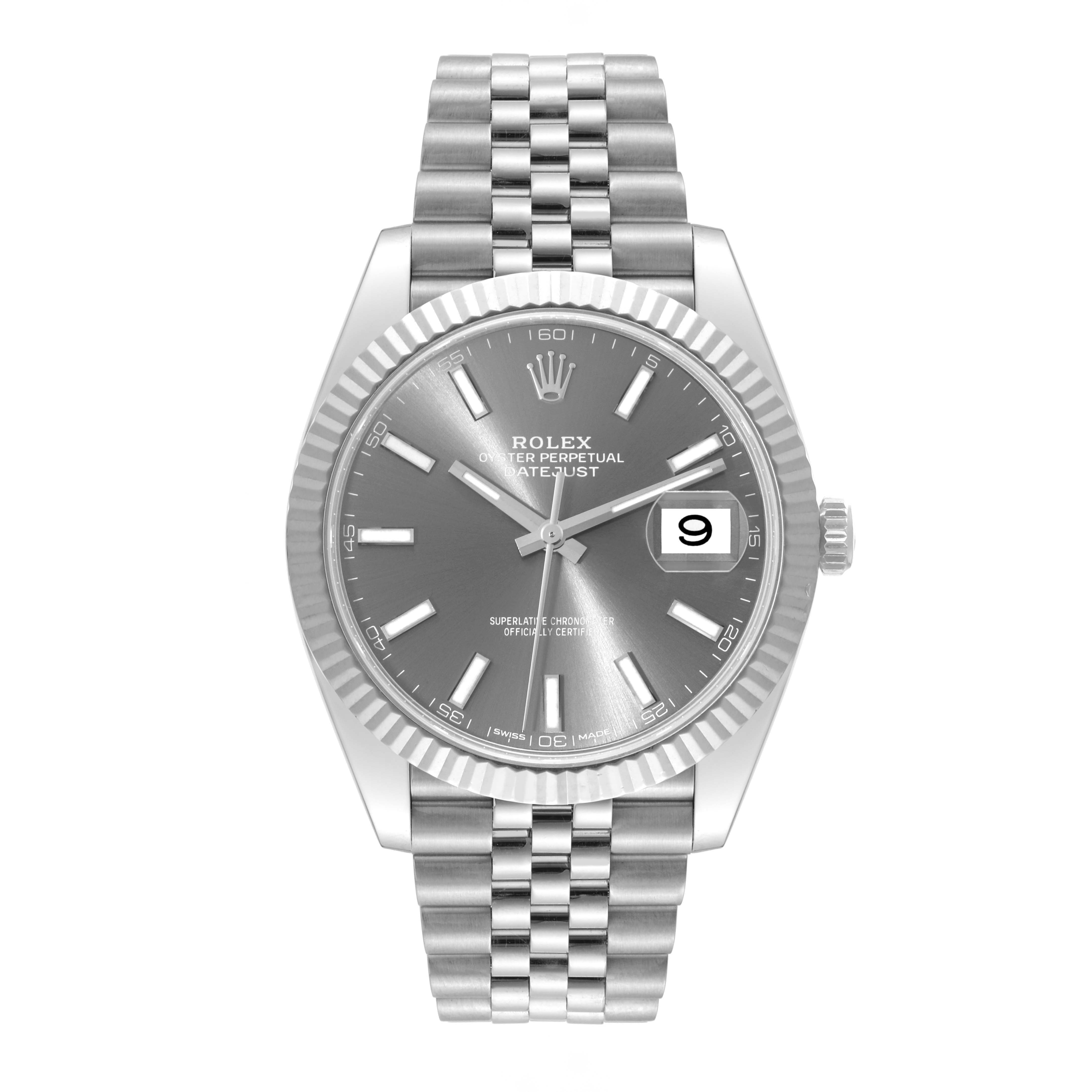 The Rolex Datejust 41 126334 Men
s Stainless Steel Grey Dial 126334 Men
s Stainless Steel Grey Dial model is shown from a frontal angle, displaying the dial, date window, hands, bezel, and bracelet.