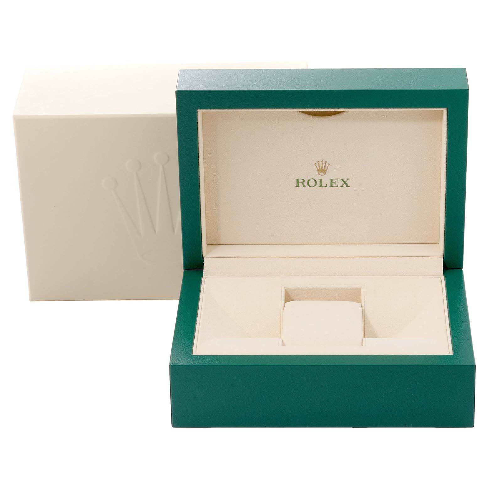 This image shows an opened green and beige Rolex Datejust 41 126334 Men
s Stainless Steel Grey Dial 126334 Men
s Stainless Steel Grey Dial watch box and its outer case.