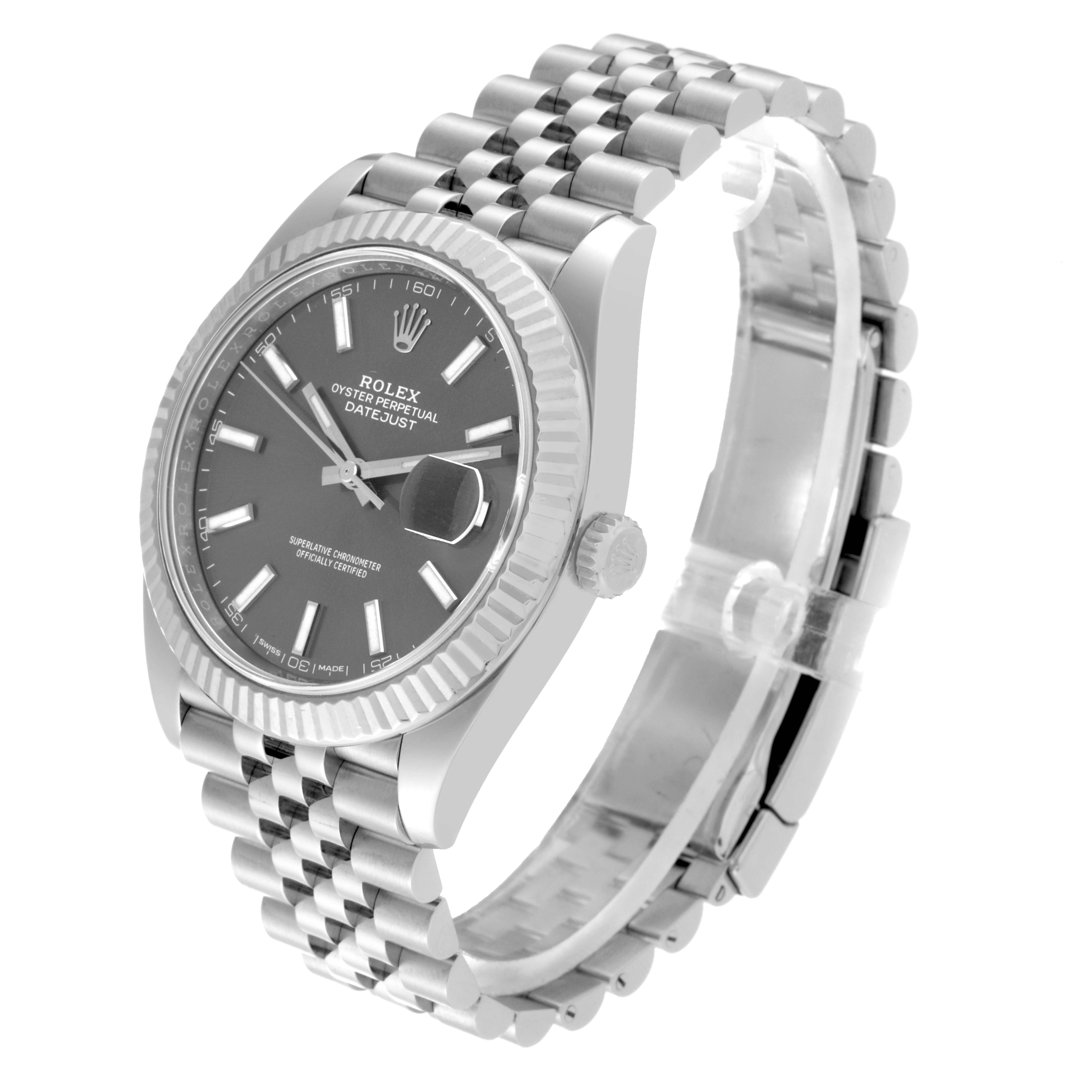 This is a Rolex Datejust 41 126334 Men
s Stainless Steel Grey Dial 126334 Men
s Stainless Steel Grey Dial watch shown from a three-quarter angle, highlighting the dial, bezel, and bracelet.