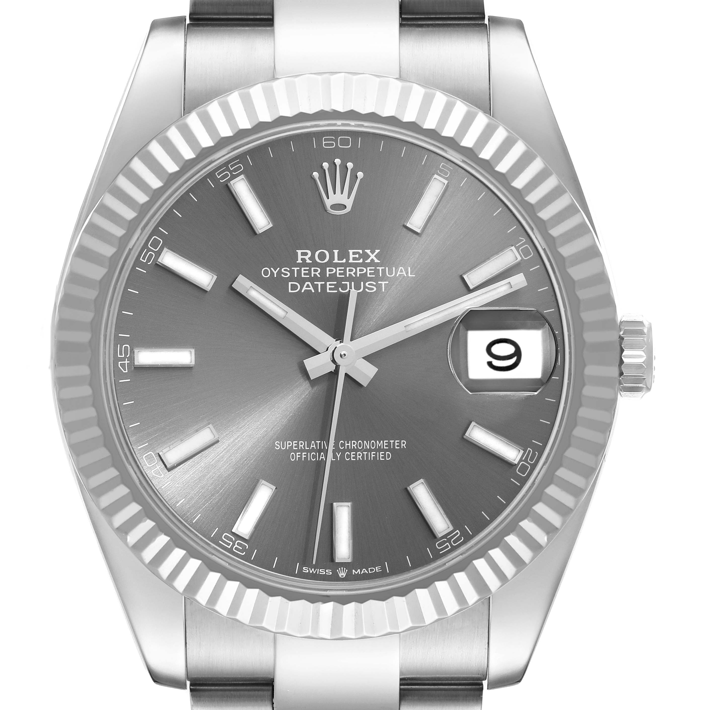 The image shows a close-up, front view of the Rolex Datejust 41 126334 Men
s Stainless Steel Grey Dial 126334 Men
s Stainless Steel Grey Dial watch, highlighting its dial, hands, and date window.