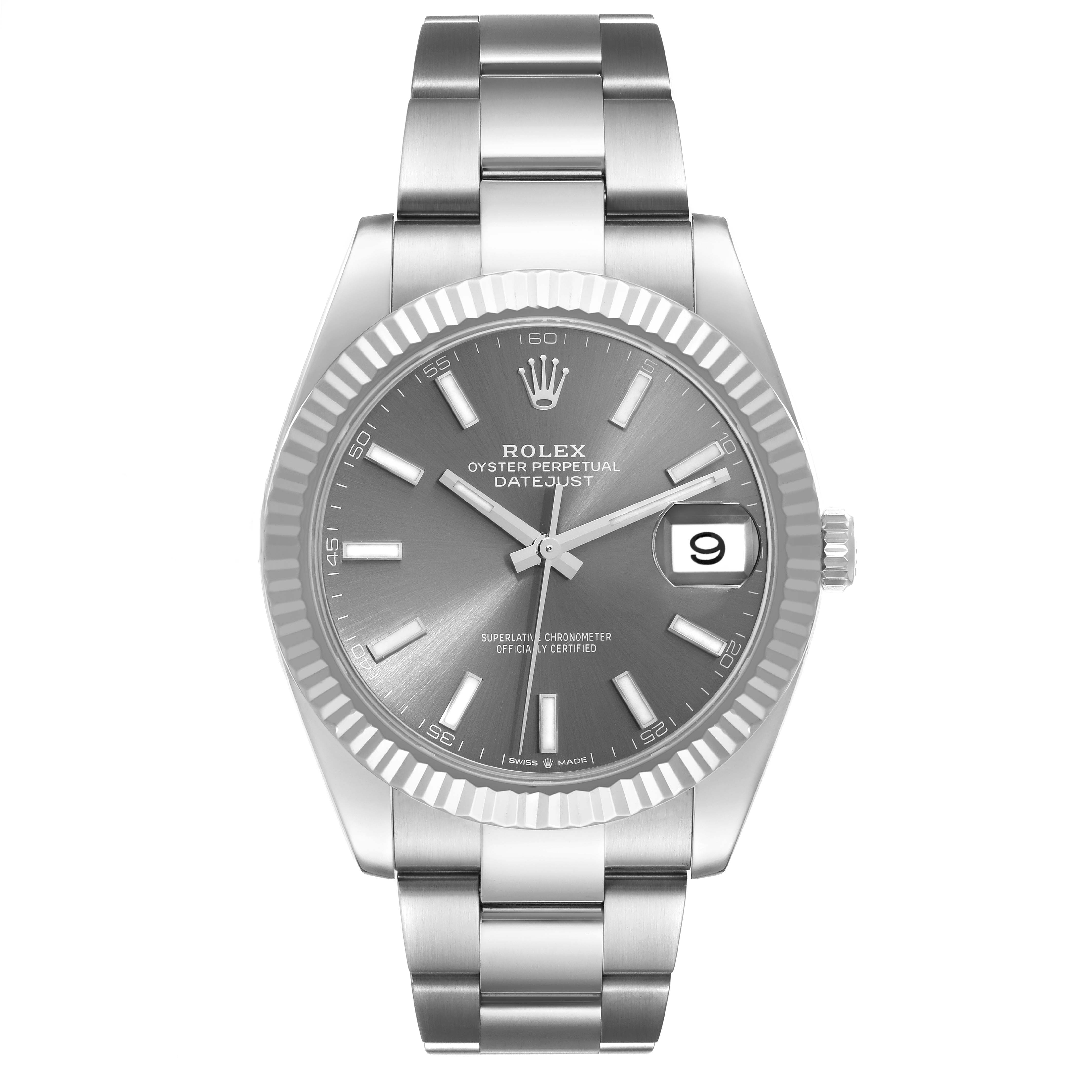 The Rolex Datejust 41 126334 Men
s Stainless Steel Grey Dial 126334 Men
s Stainless Steel Grey Dial is shown from a front angle, highlighting the silver dial, fluted bezel, and oyster bracelet.