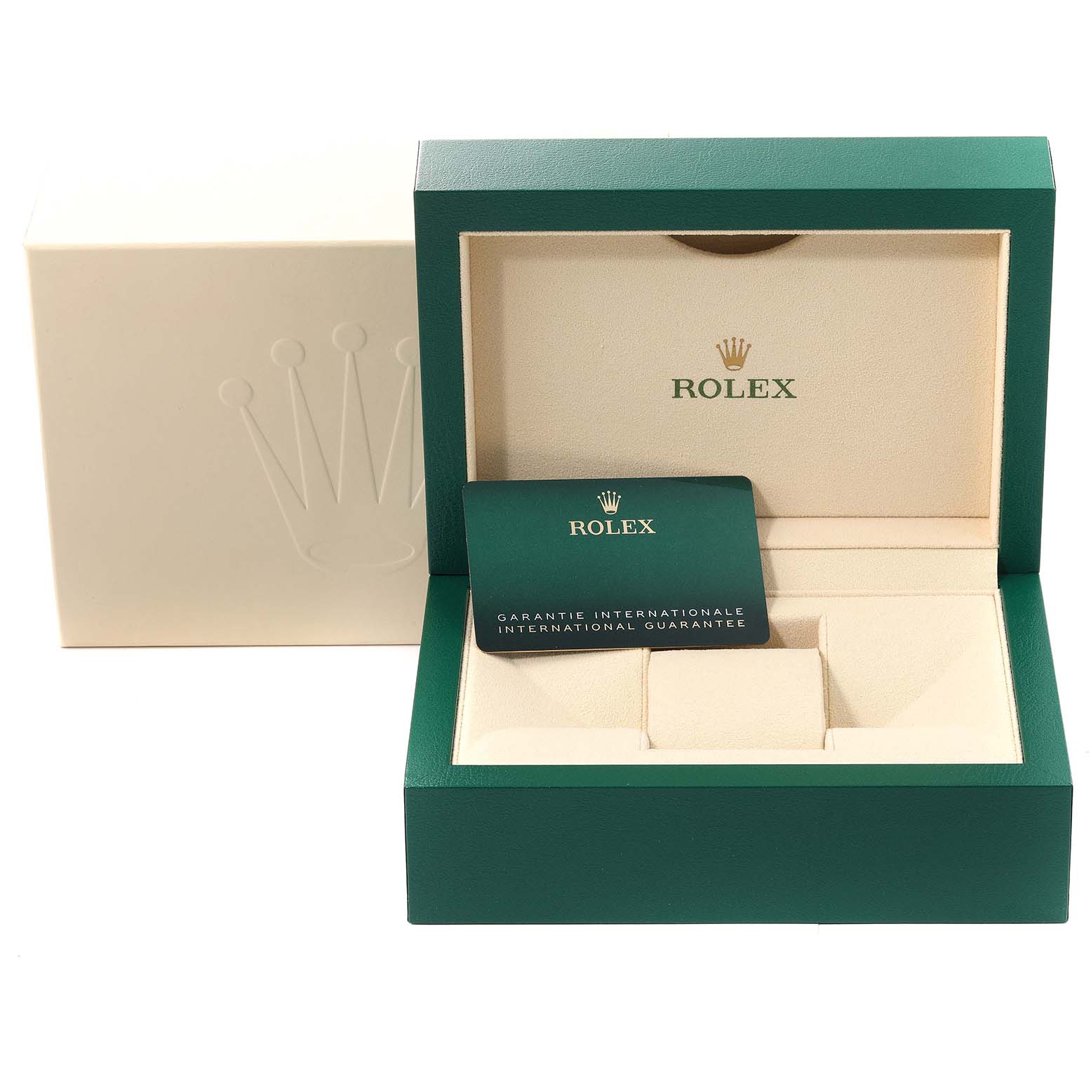 The image shows the open green and beige box of a Rolex Datejust 41 126334 Men
s Stainless Steel Grey Dial 126334 Men
s Stainless Steel Grey Dial, displaying the brand
s guarantee card.