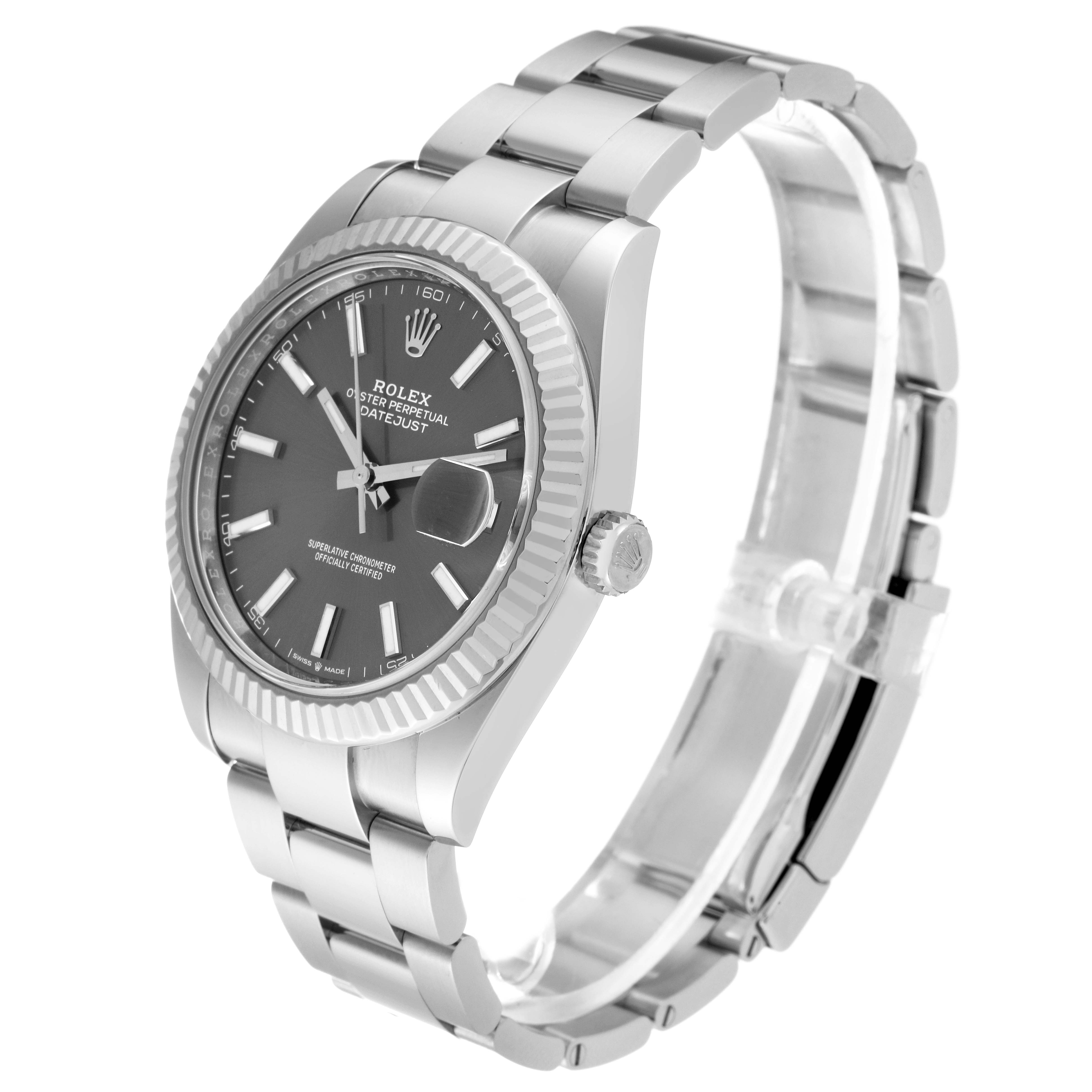 The Rolex Datejust 41 126334 Men
s Stainless Steel Grey Dial 126334 Men
s Stainless Steel Grey Dial watch is shown from an angle highlighting the dial, case, bezel, and bracelet.