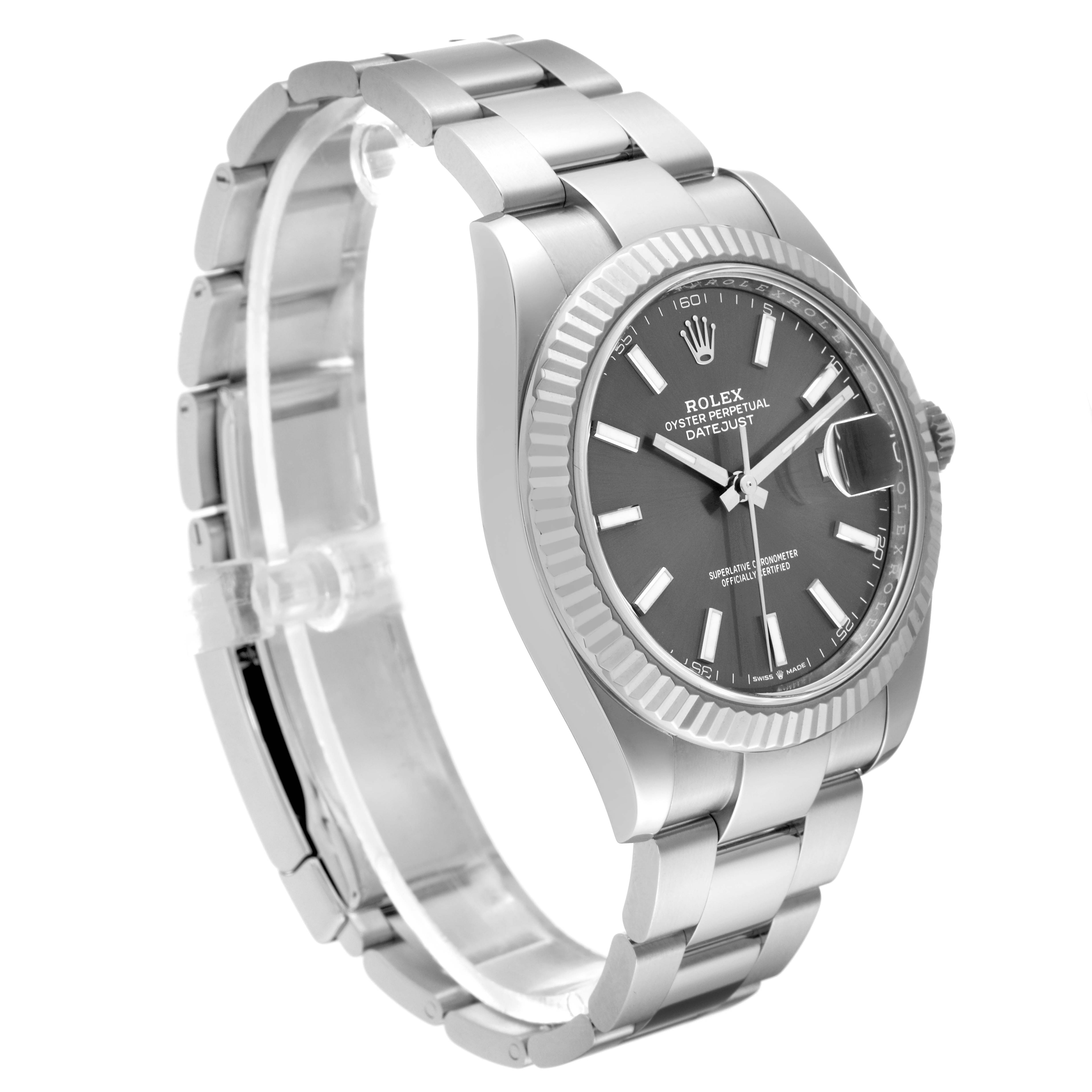 The Rolex Datejust 41 126334 Men
s Stainless Steel Grey Dial 126334 Men
s Stainless Steel Grey Dial watch is shown at an angle, displaying the face, bezel, and part of the bracelet.