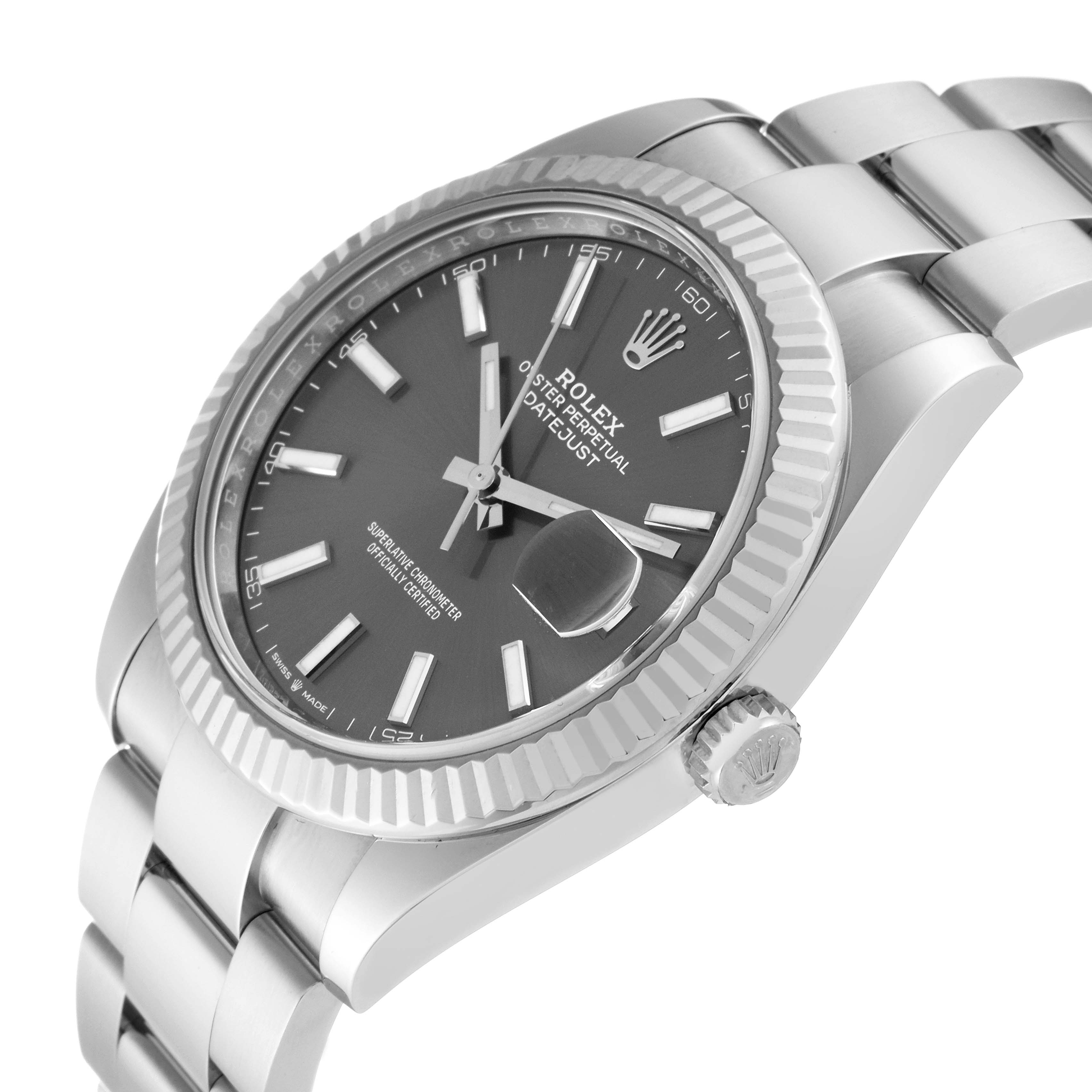 The Rolex Datejust 41 126334 Men
s Stainless Steel Grey Dial 126334 Men
s Stainless Steel Grey Dial watch is shown from an angled side view, showcasing its face, crown, bezel, and bracelet links.