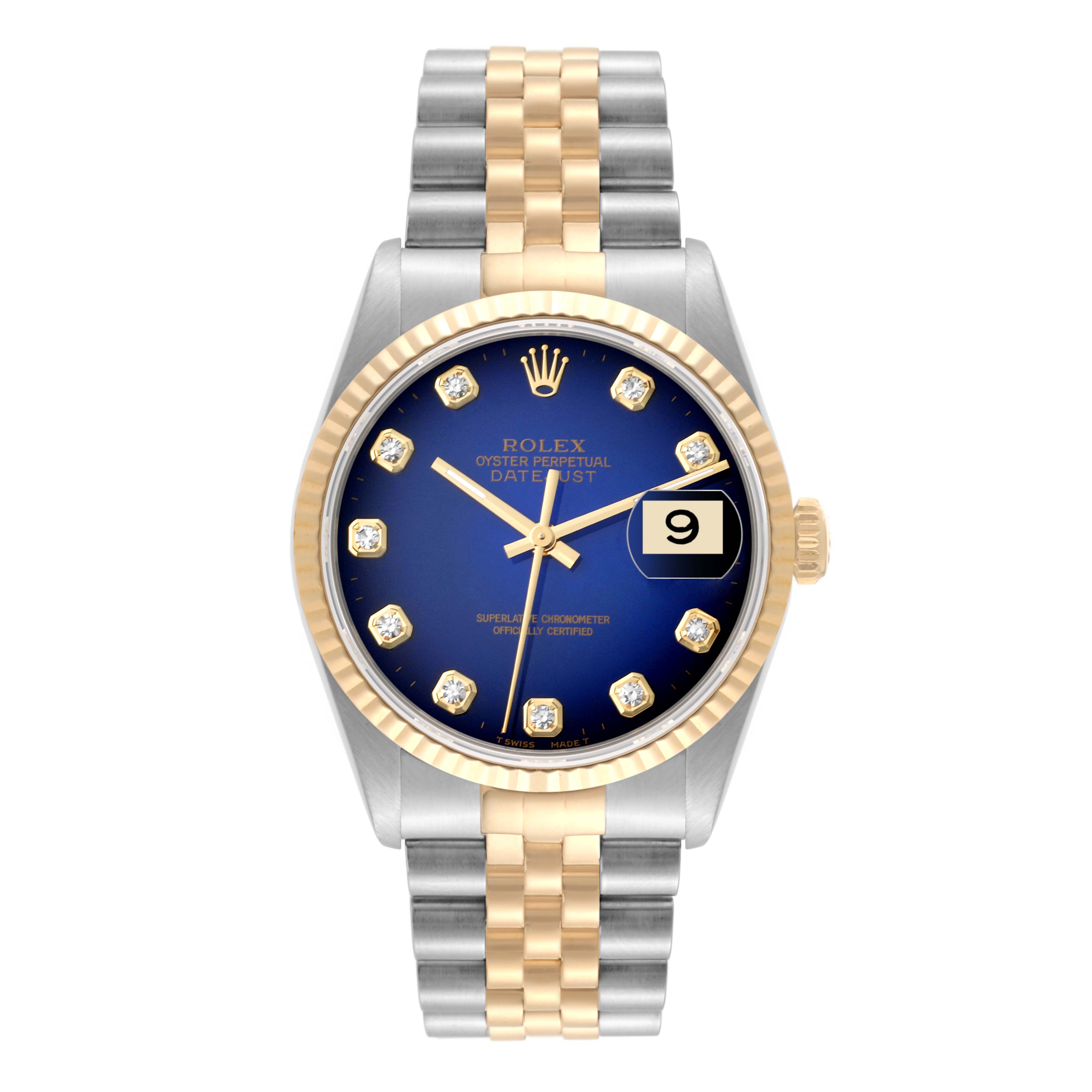 The image shows a frontal view of the Rolex Datejust 16233 Men's Steel and Gold (two tone) Blue Dial 16233 Men's Steel and Gold (two tone) Blue Dial watch, featuring a blue dial, gold accents, and a two-tone metal bracelet.