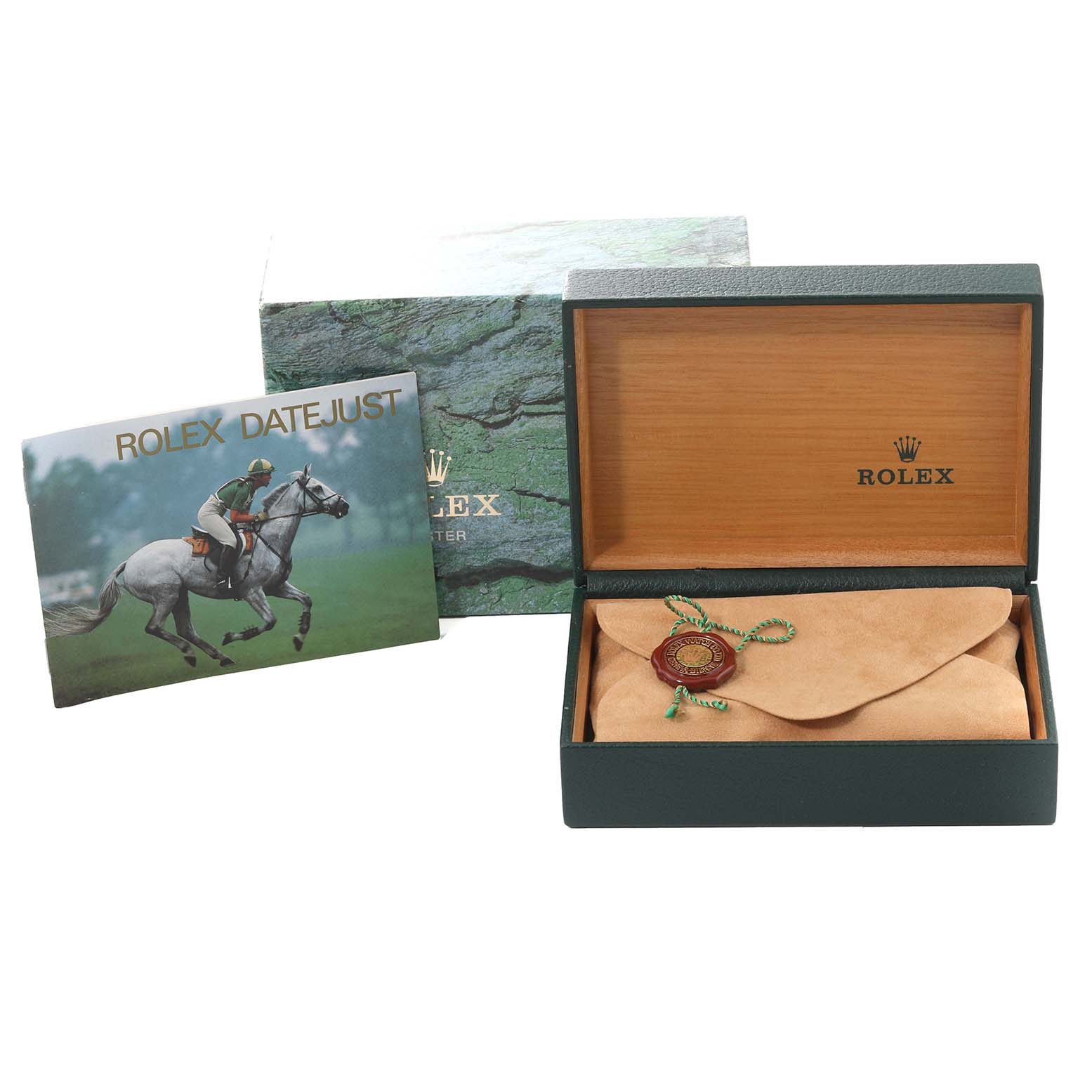 The image shows a Rolex Datejust 16233 Men's Steel and Gold (two tone) Blue Dial 16233 Men's Steel and Gold (two tone) Blue Dial box set, including the outer box, wooden inner box, suede pouch, and an instruction booklet.