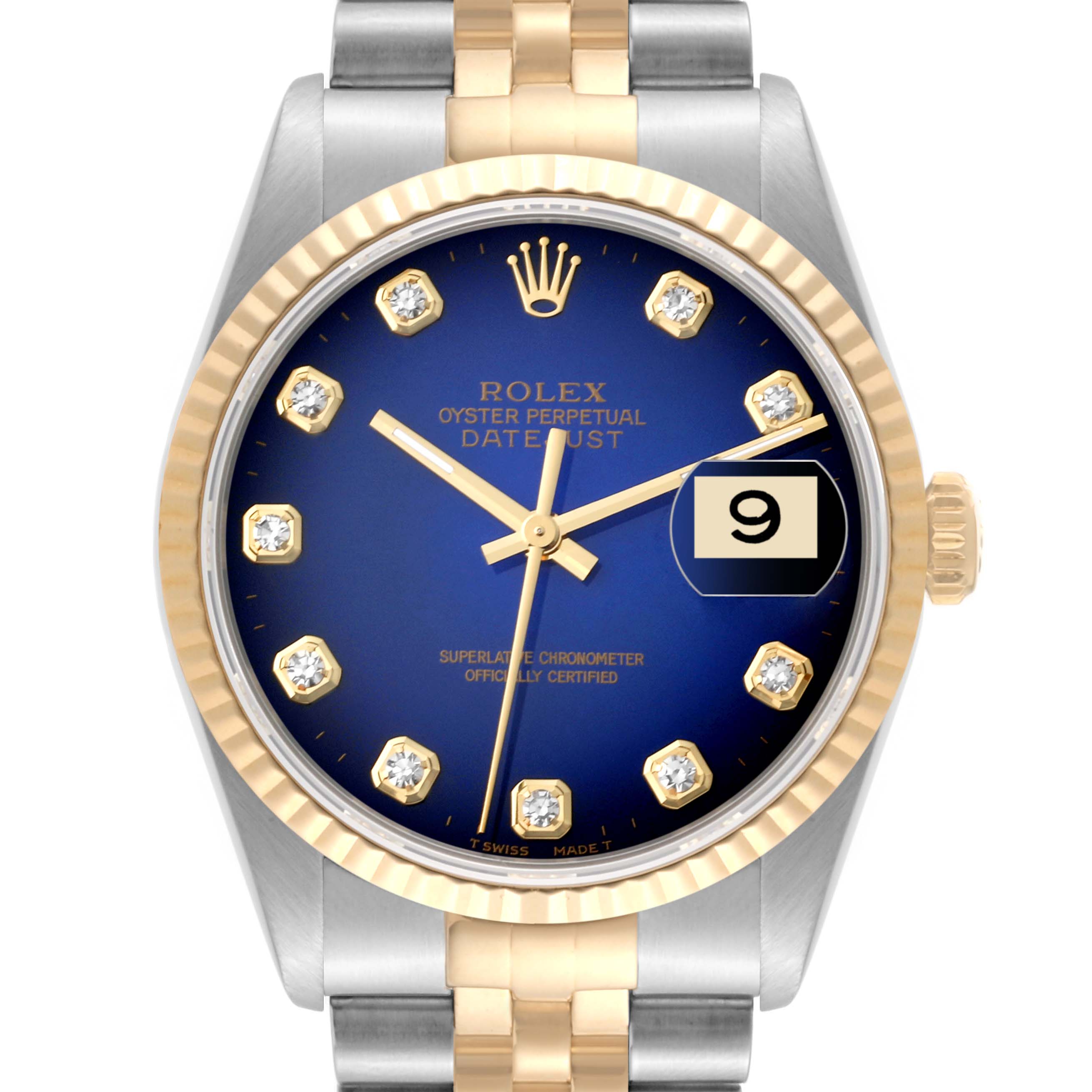 This Rolex Datejust 16233 Men's Steel and Gold (two tone) Blue Dial 16233 Men's Steel and Gold (two tone) Blue Dial watch is shown from the front, displaying the dial, bezel, crown, and part of the bracelet.