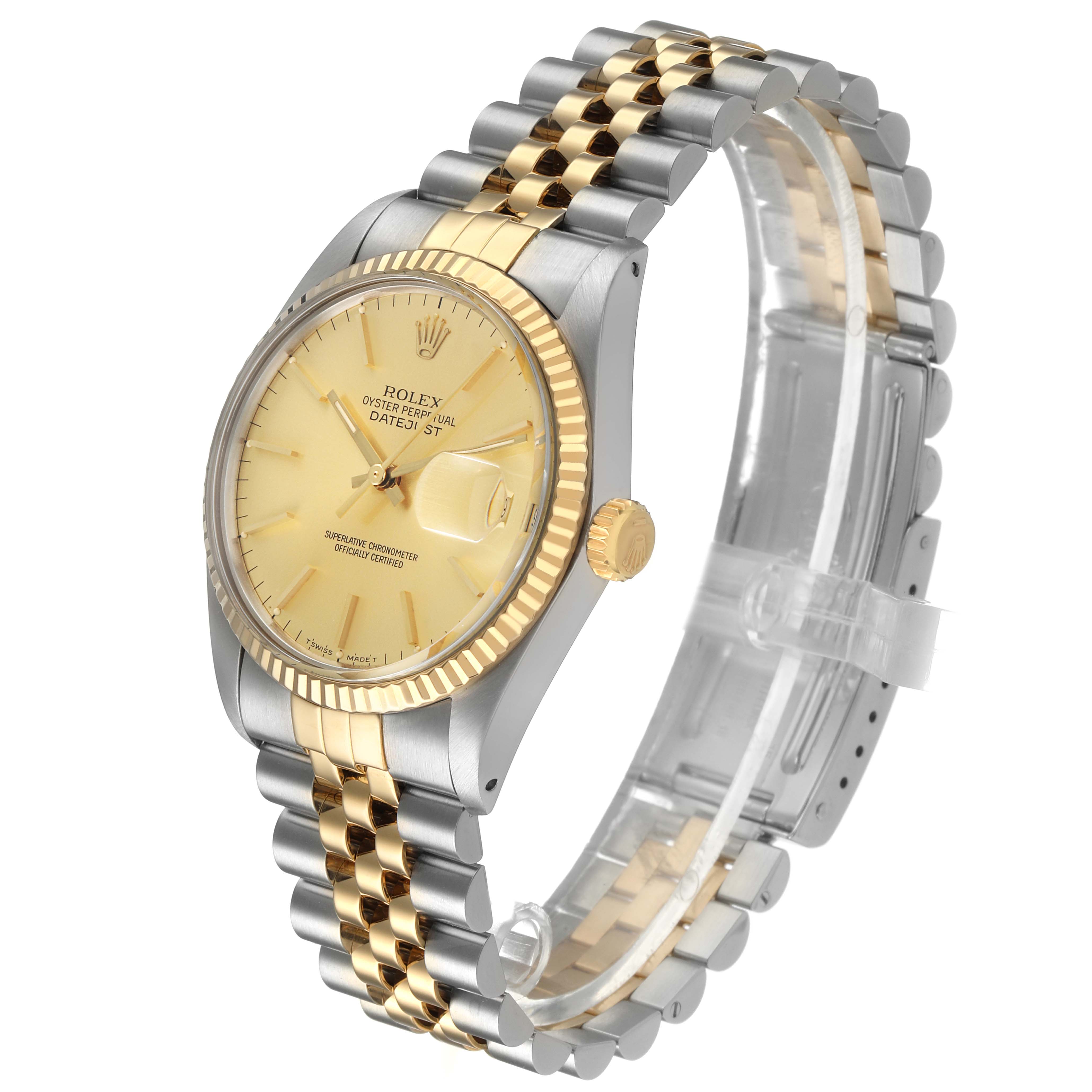 The Rolex Datejust 16013 Men's Steel and Gold (two tone) Champagne Dial watch is shown at a three-quarter angle, highlighting the dial, bezel, crown, and bracelet.