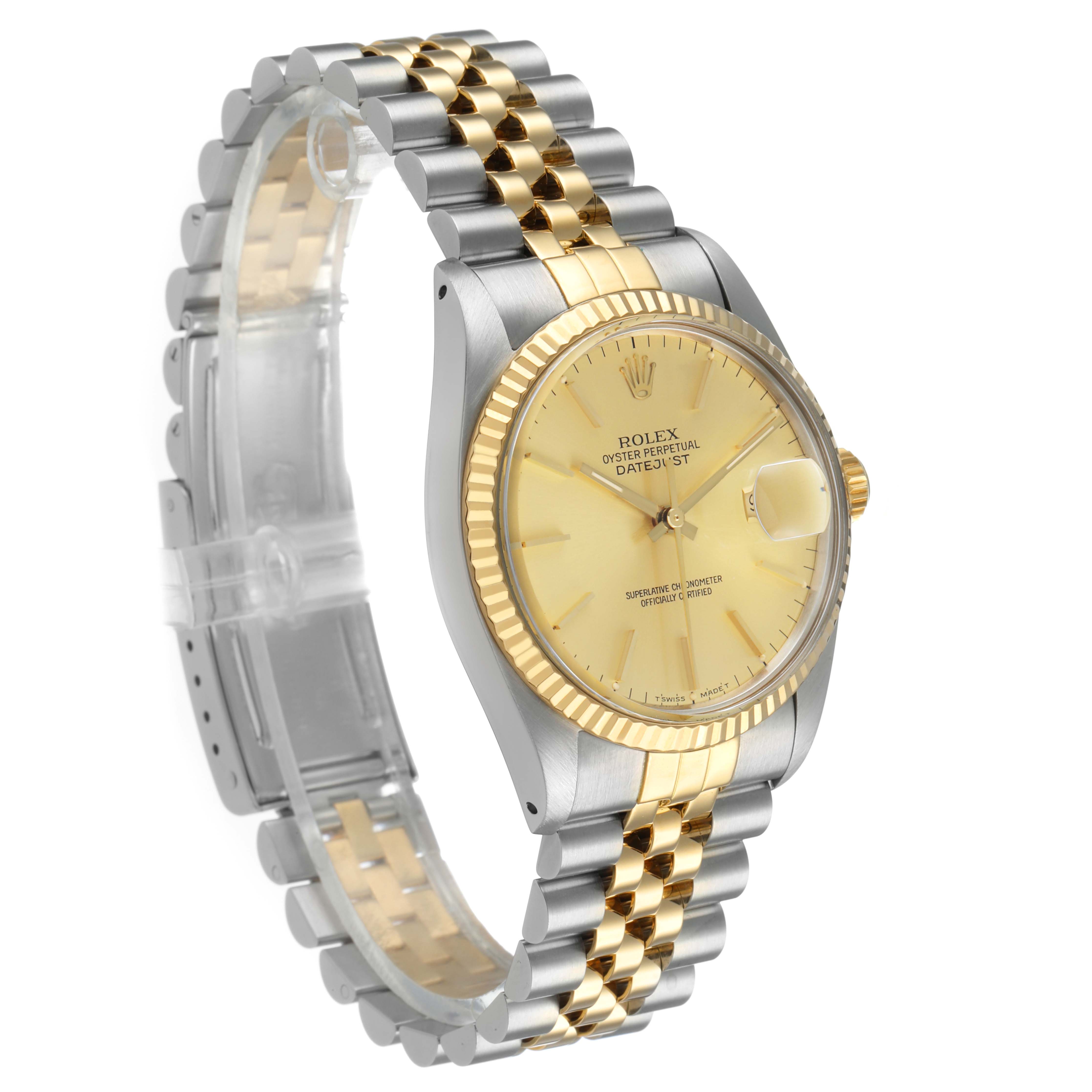 The Rolex Datejust 16013 Men's Steel and Gold (two tone) Champagne Dial watch is shown from a slight side angle, highlighting the gold and silver Jubilee bracelet and the fluted bezel.
