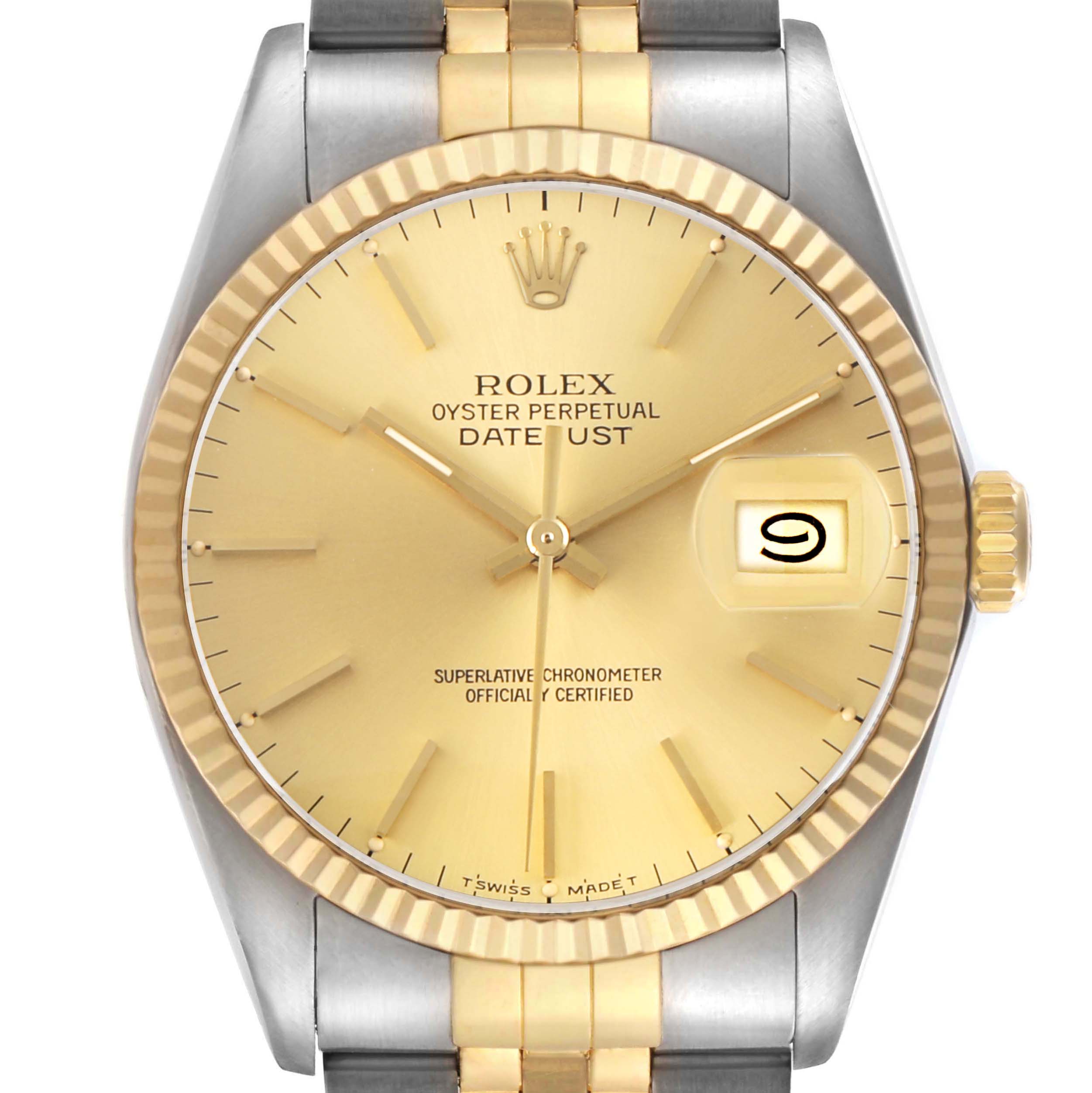 The Rolex Datejust 16013 Men's Steel and Gold (two tone) Champagne Dial watch is shown from a frontal angle, highlighting its dial, hands, crown, and part of the bracelet.