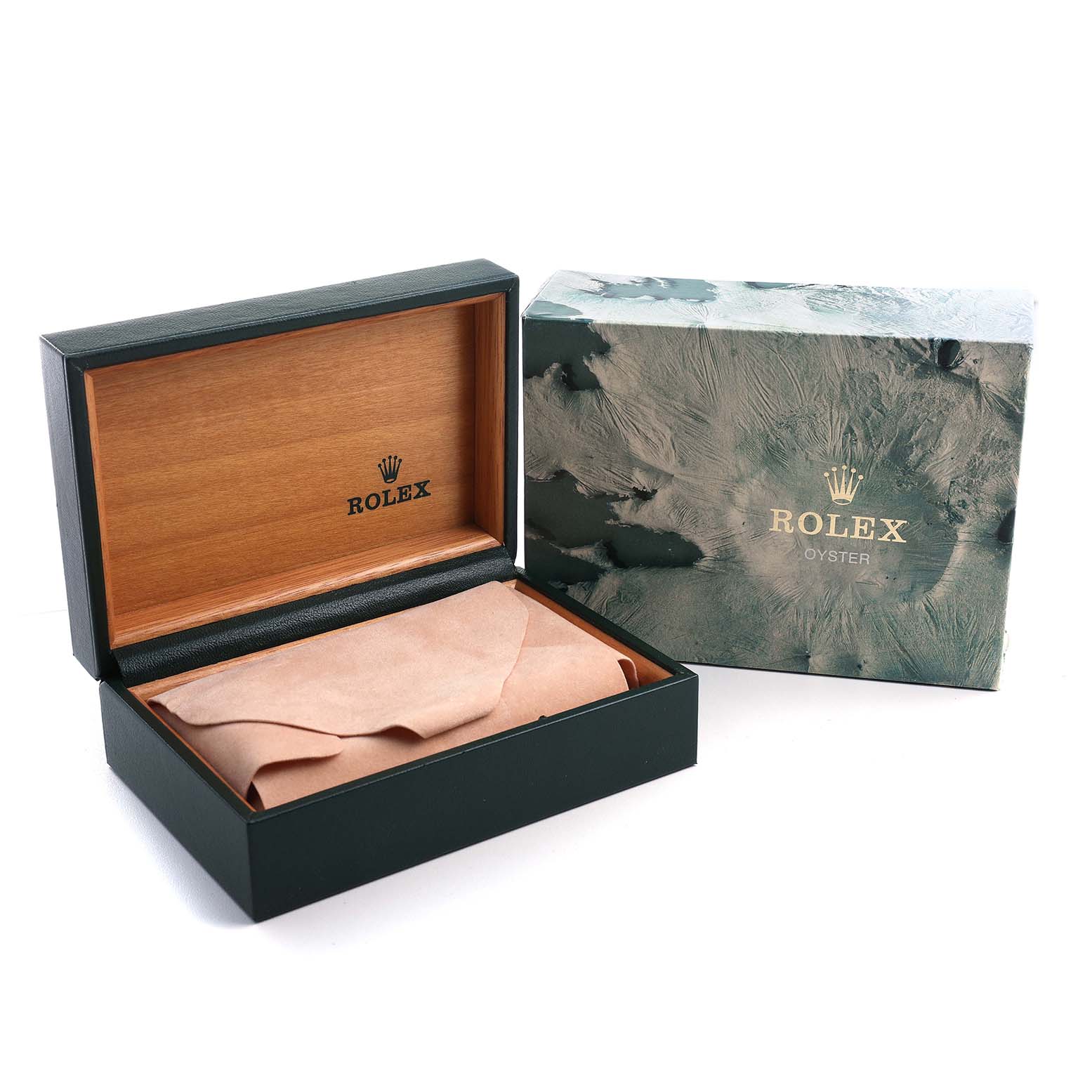The image shows a Datejust model Rolex watch box, open to reveal a suede pouch and an outer protective box with branding.