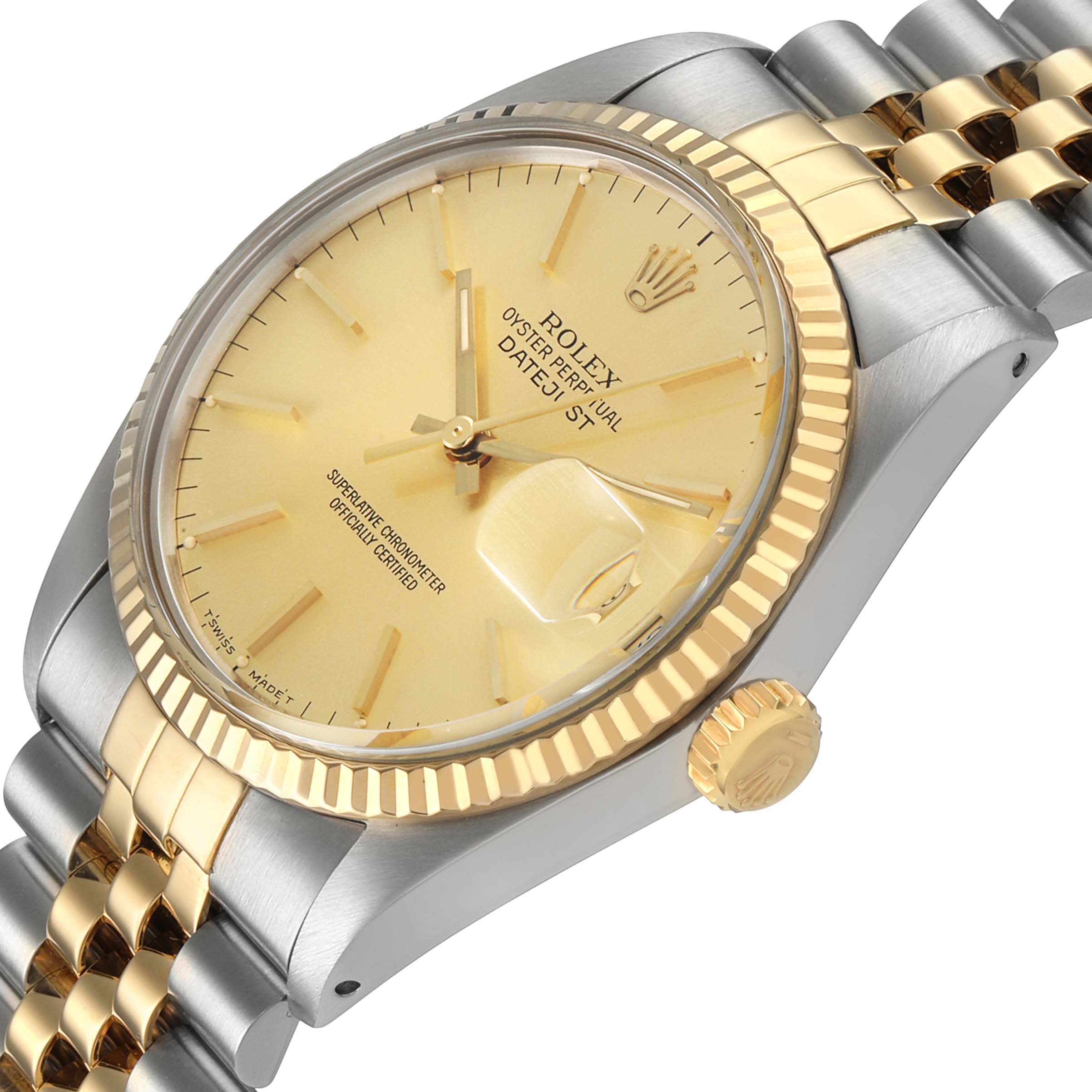 The Rolex Datejust 16013 Men's Steel and Gold (two tone) Champagne Dial watch is shown at a three-quarter angle, highlighting its dial, fluted bezel, and Jubilee bracelet.