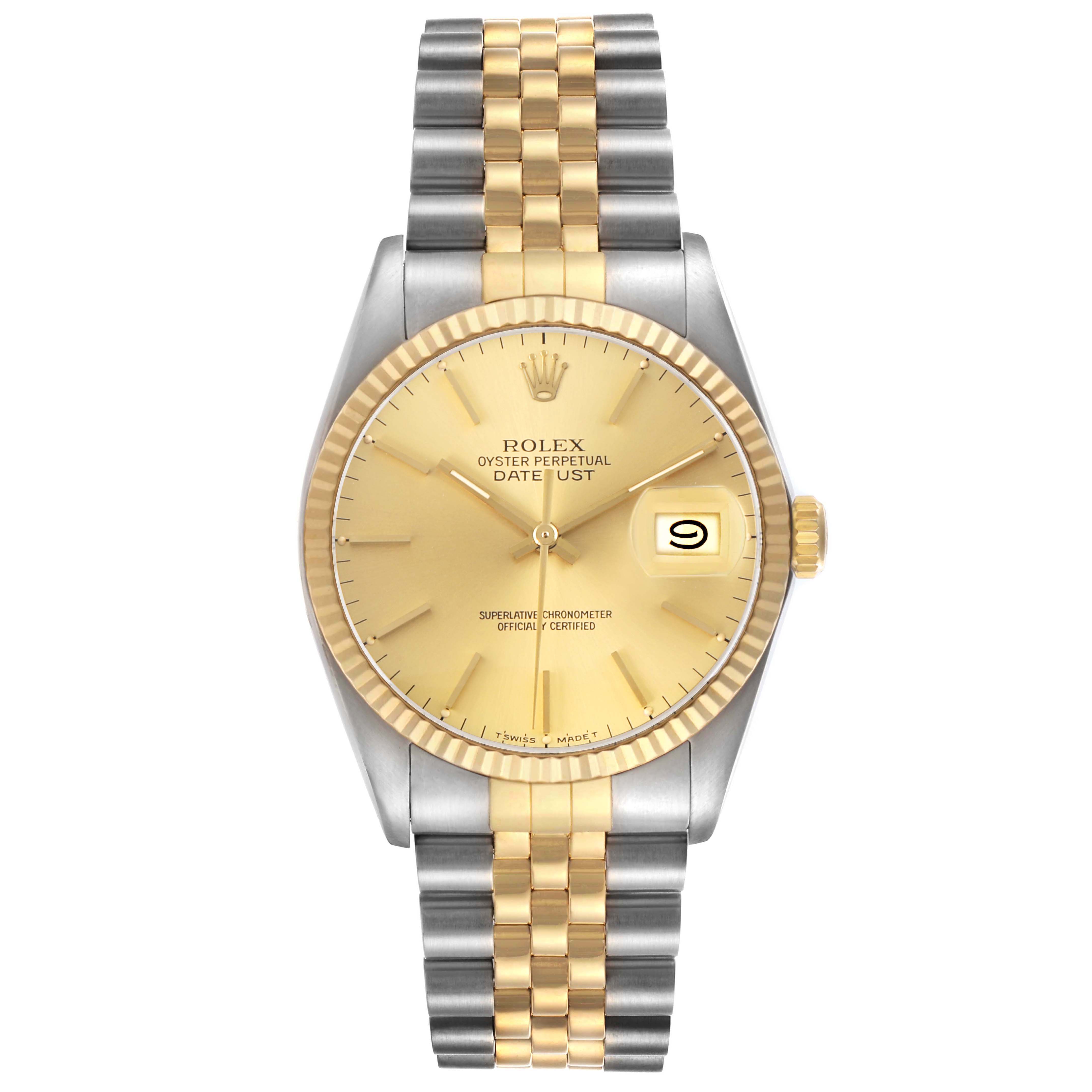 The Rolex Datejust 16013 Men's Steel and Gold (two tone) Champagne Dial watch is shown from the front, displaying the face, bezel, and two-tone bracelet.