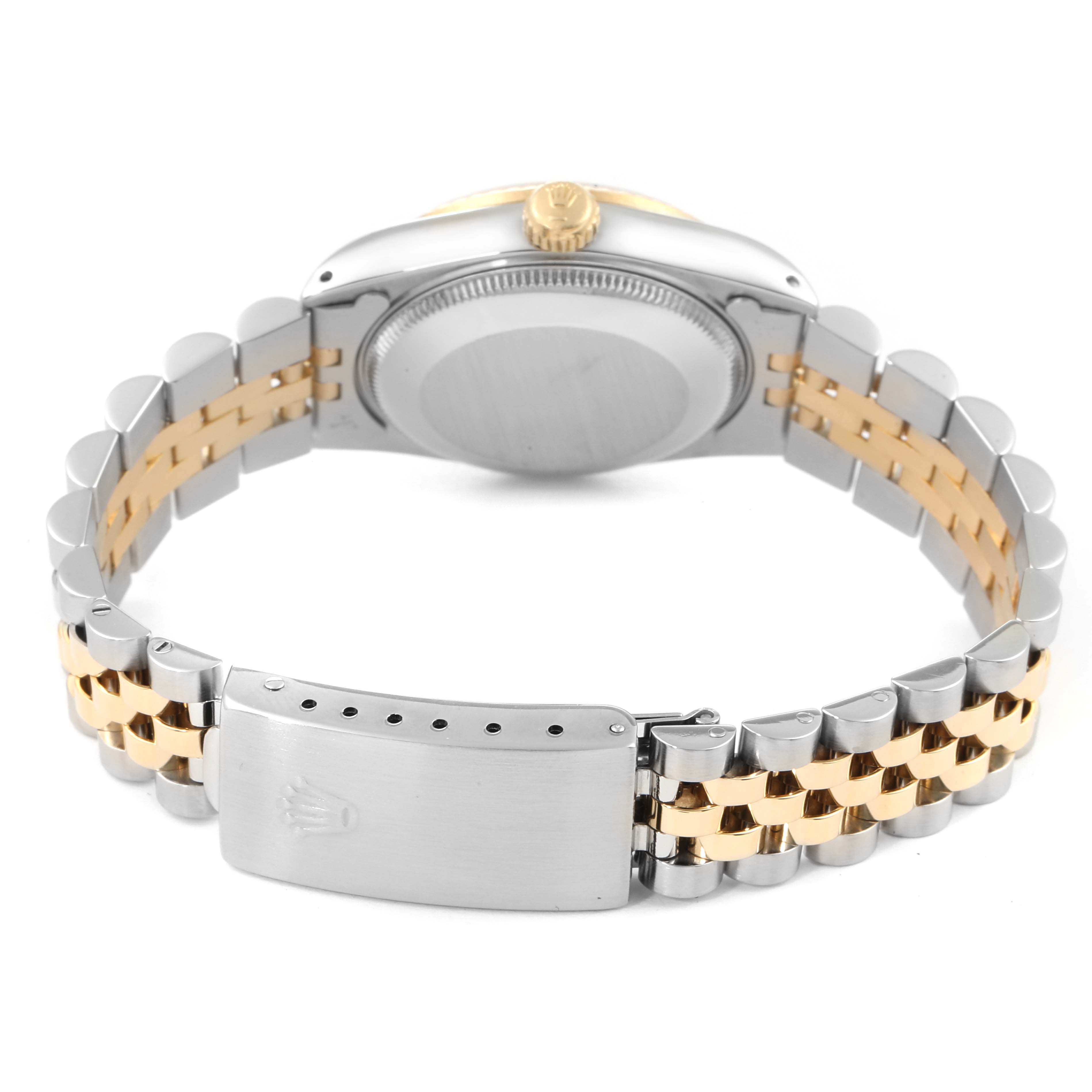 This image shows the back view of a Rolex Mid-Size 68273 Women
s Steel and Gold (two tone) Black Dial 68273 Women
s Steel and Gold (two tone) Black Dial model watch, highlighting the clasp, bracelet, and case back.