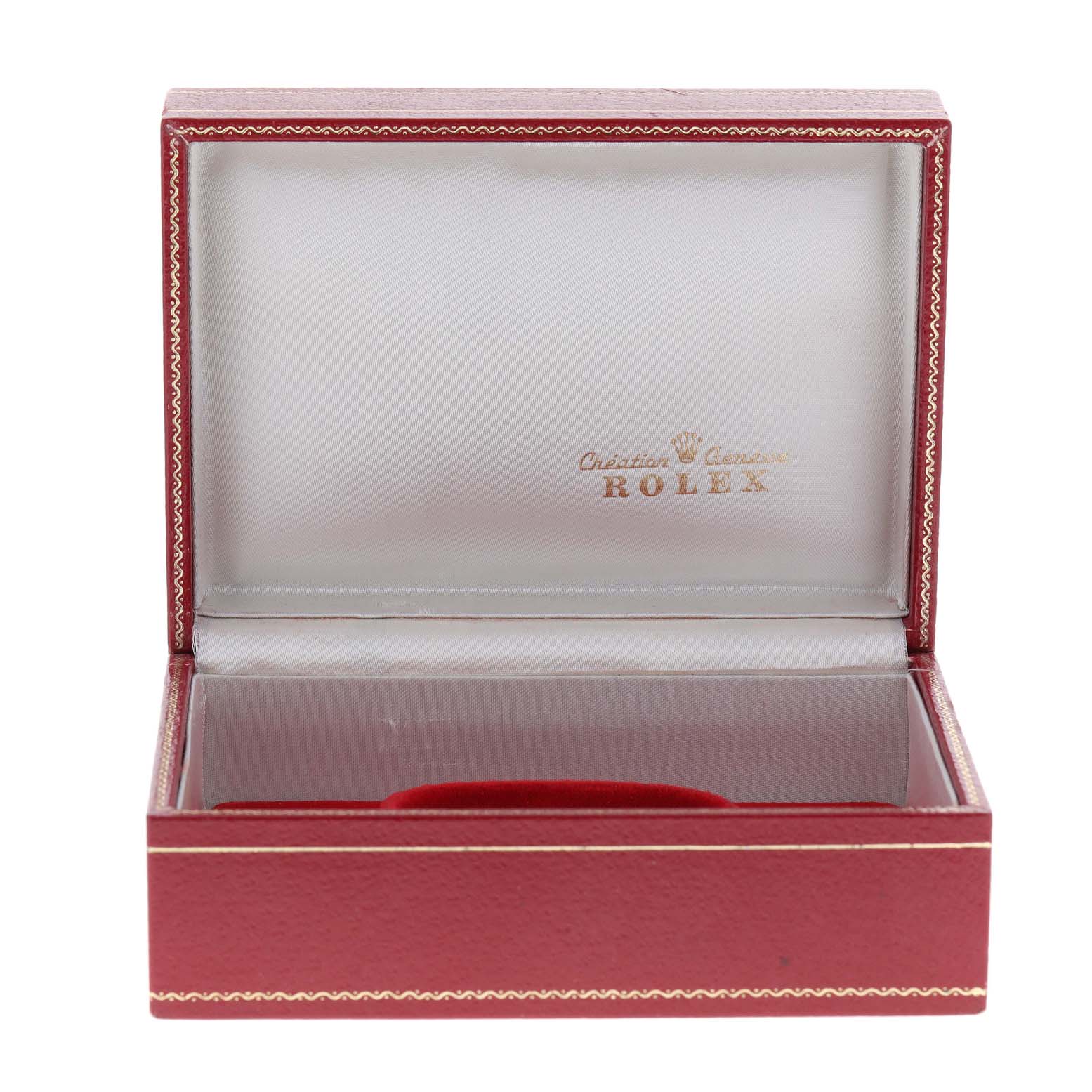 The image shows an open empty Rolex Mid-Size 68273 Women
s Steel and Gold (two tone) Black Dial 68273 Women
s Steel and Gold (two tone) Black Dial watch box, viewed from the front.