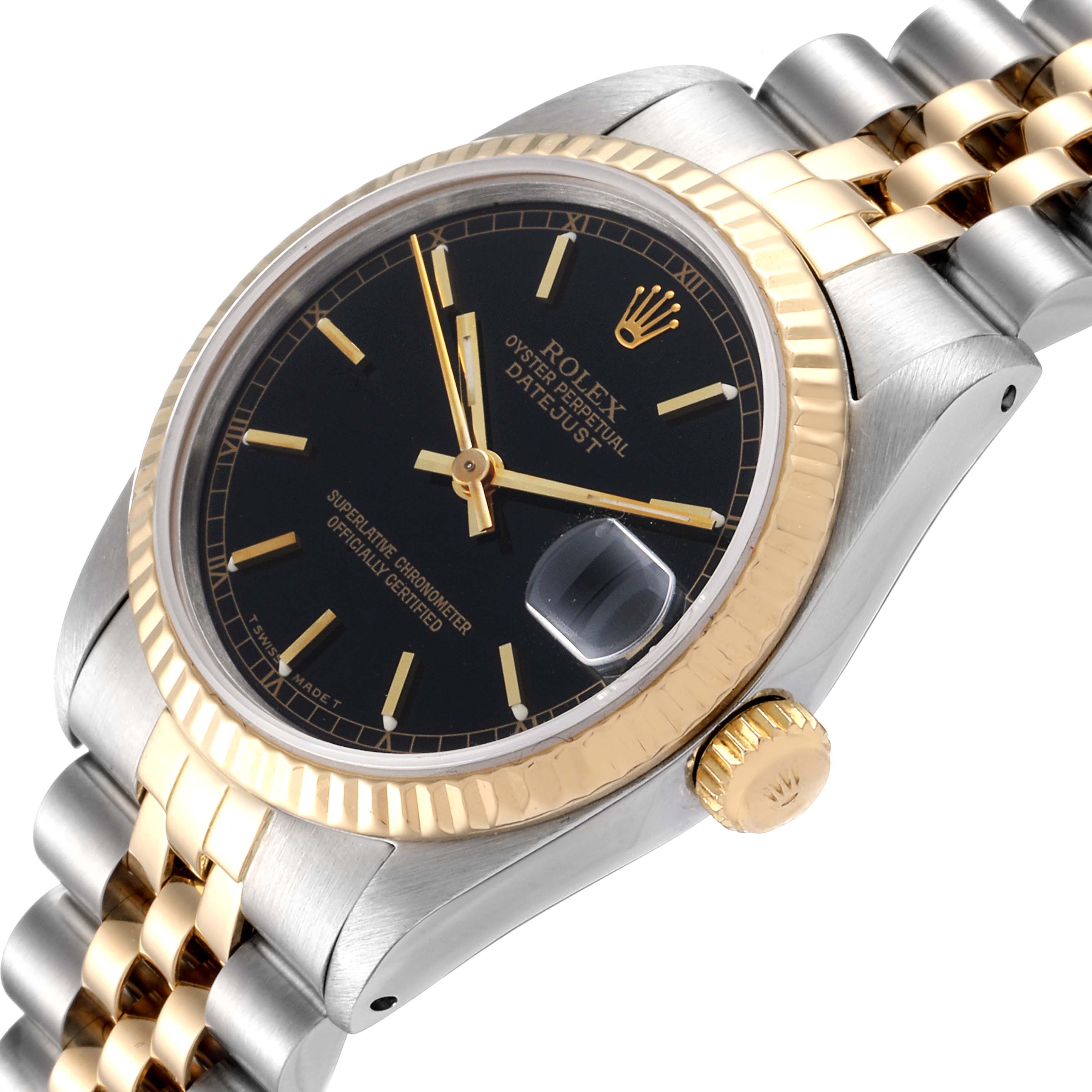 The image shows a close-up, angled view of a Rolex Mid-Size 68273 Women
s Steel and Gold (two tone) Black Dial 68273 Women
s Steel and Gold (two tone) Black Dial watch, highlighting the black dial, gold bezel, crown, and two-tone bracelet.