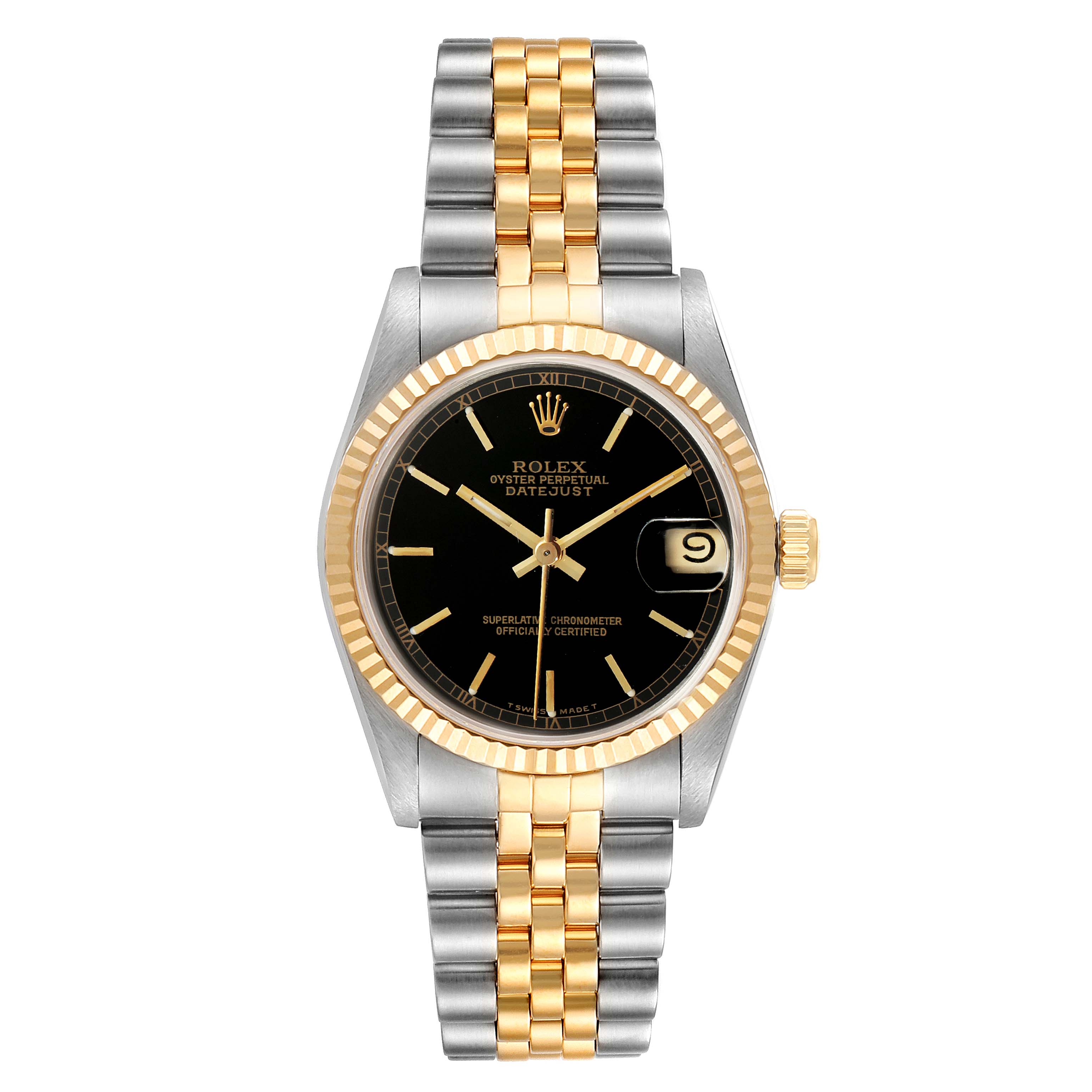 The image shows a frontal view of a Rolex Mid-Size 68273 Women
s Steel and Gold (two tone) Black Dial 68273 Women
s Steel and Gold (two tone) Black Dial Datejust watch with a black dial and a two-tone silver and gold bracelet.
