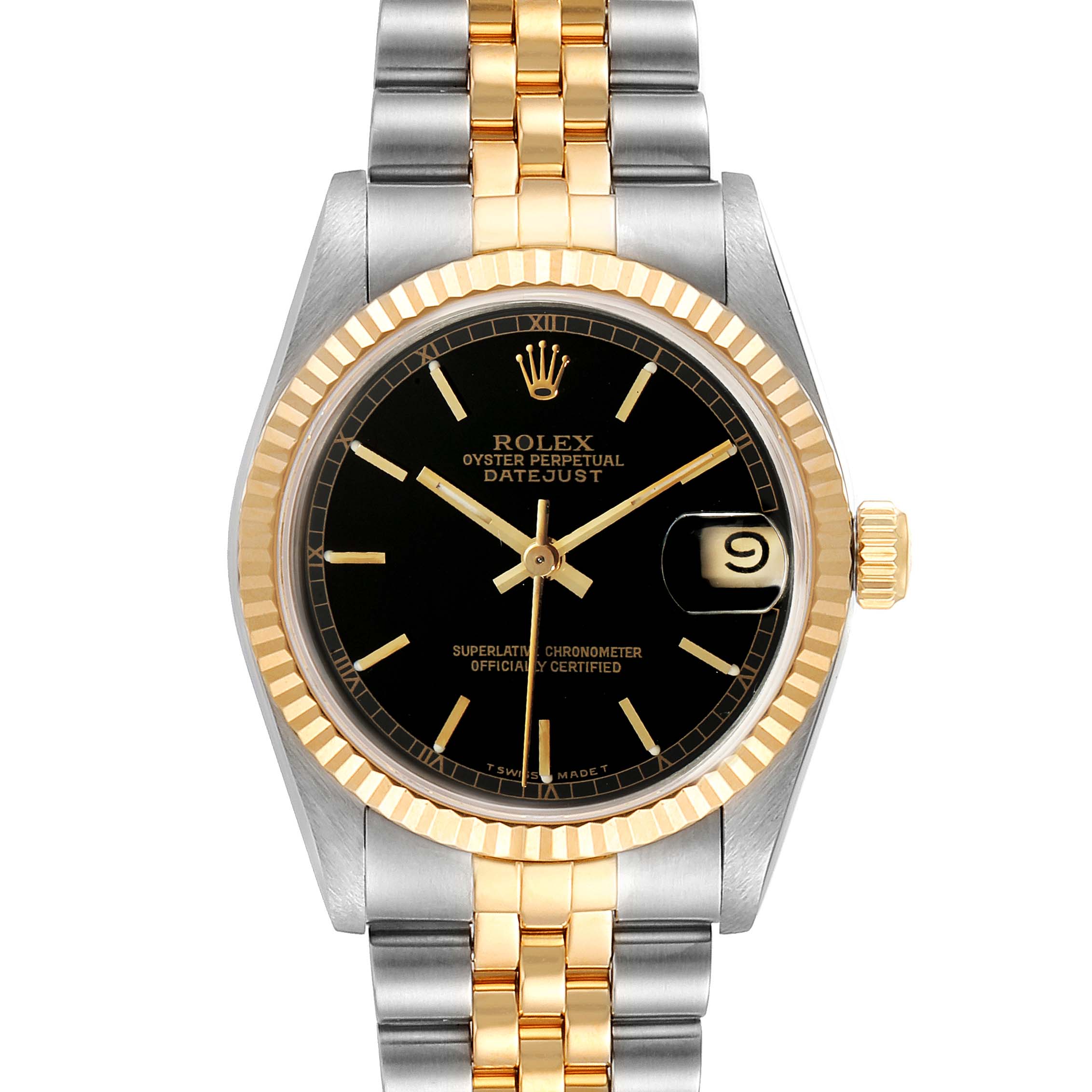 The image shows a front view of the Rolex Mid-Size 68273 Women
s Steel and Gold (two tone) Black Dial 68273 Women
s Steel and Gold (two tone) Black Dial Oyster Perpetual Datejust, highlighting its black dial, date window, and two-tone bracelet.