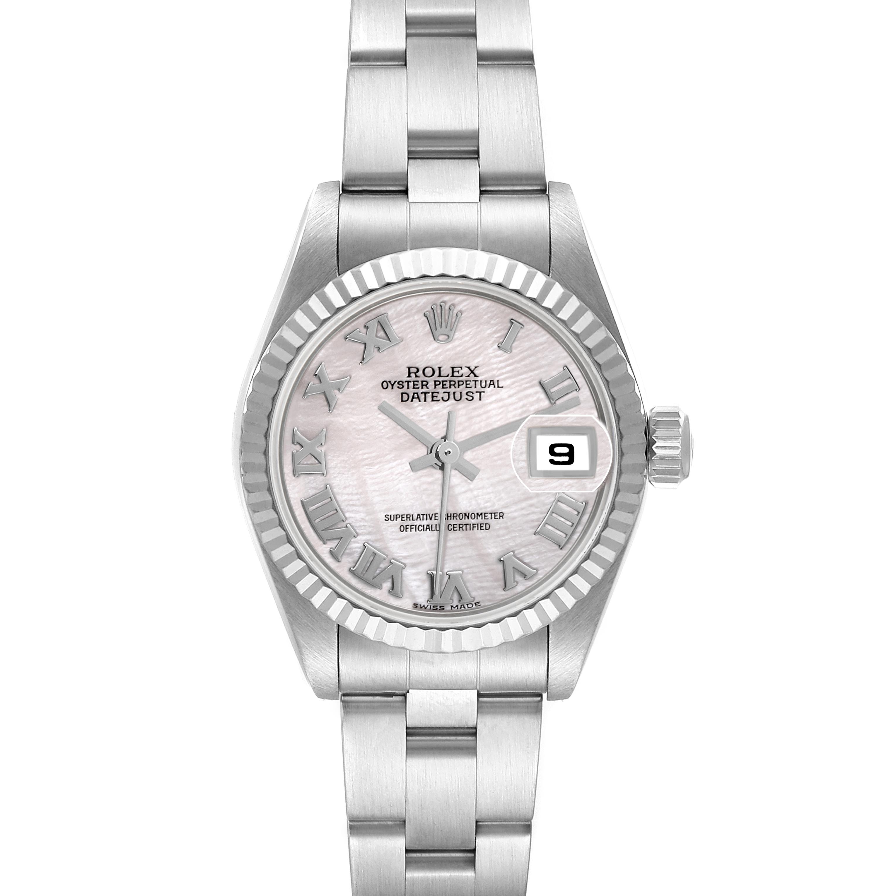 The Rolex Datejust 79174 Women's Stainless Steel Mother of Pearl Dial 79174 Women's Stainless Steel Mother of Pearl Dial watch is shown from a front angle, highlighting the dial, bezel, bracelet, and crown.