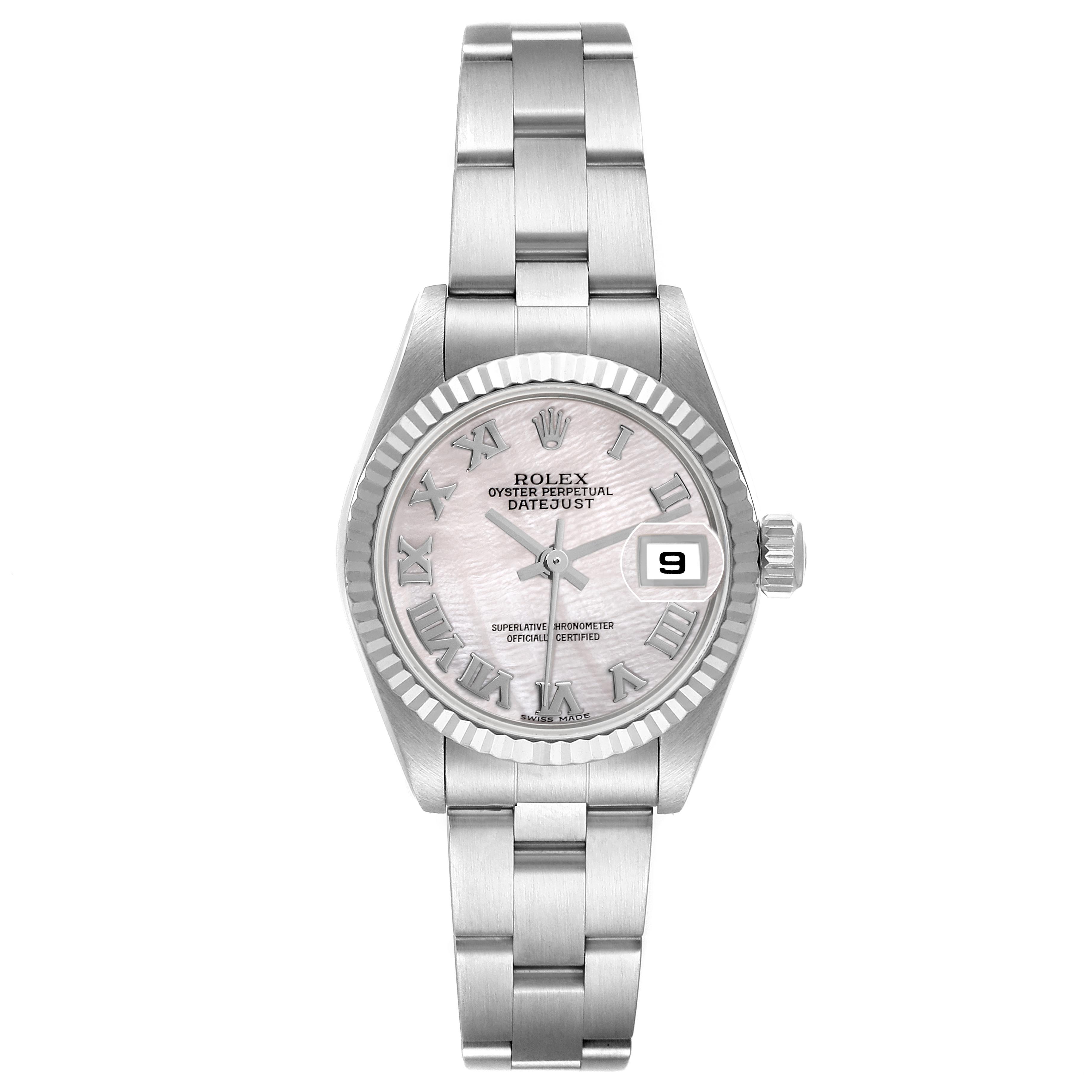 The Rolex Datejust 79174 Women's Stainless Steel Mother of Pearl Dial 79174 Women's Stainless Steel Mother of Pearl Dial watch is shown from a front angle, displaying the dial, bezel, and bracelet.