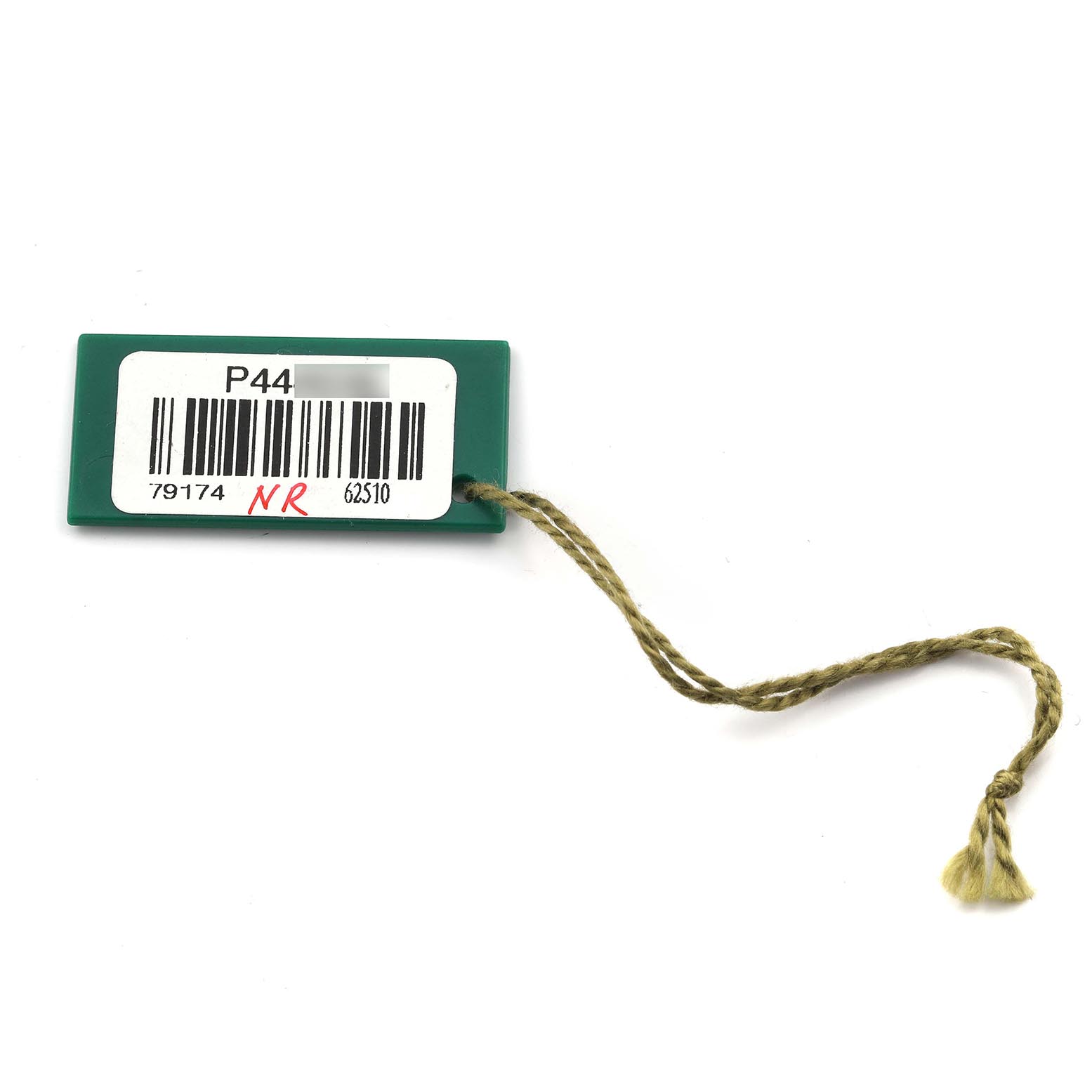 The image shows a green hang tag with a string for a Rolex Datejust 79174 Women's Stainless Steel Mother of Pearl Dial 79174 Women's Stainless Steel Mother of Pearl Dial, displaying a barcode and some printed numbers.