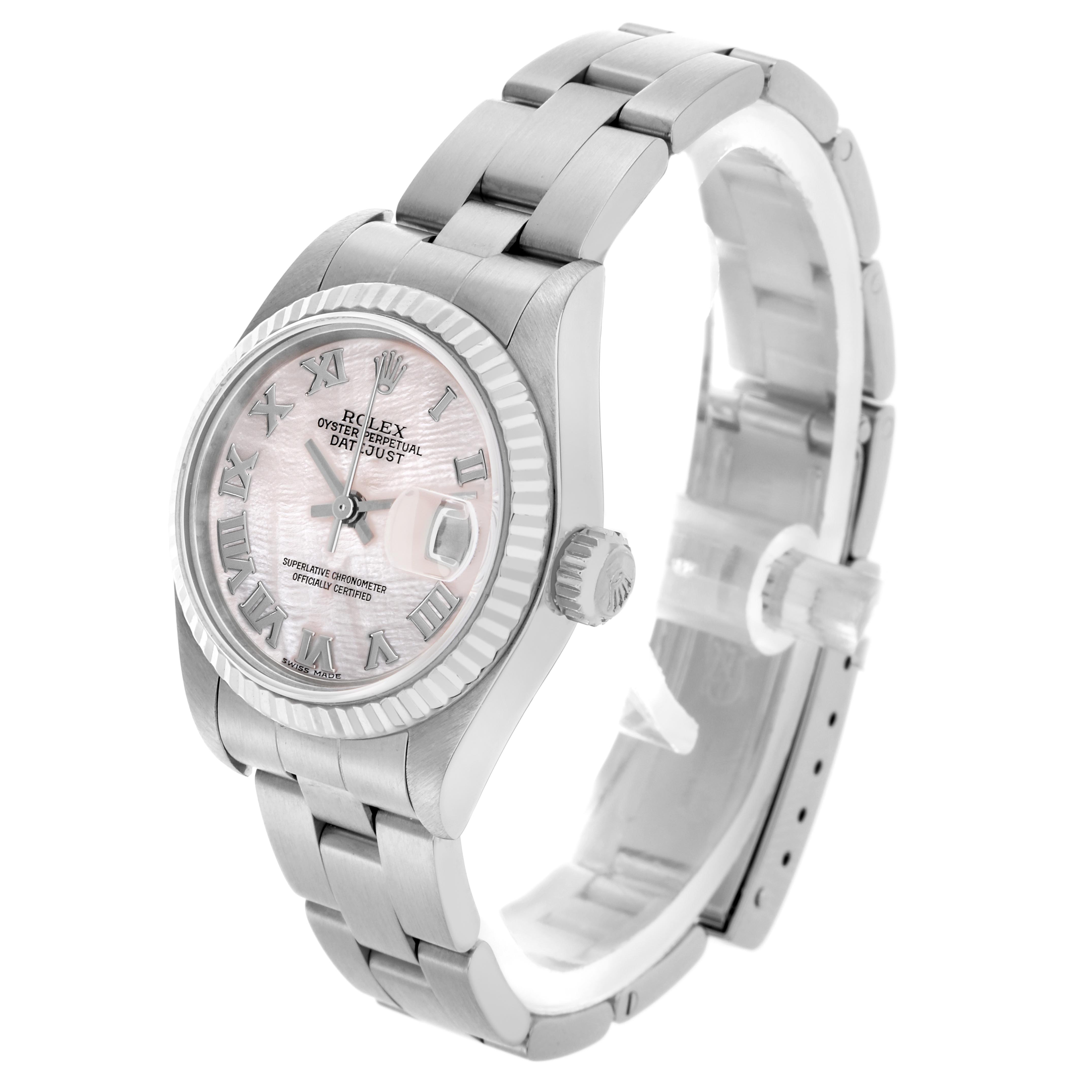 The Rolex Datejust 79174 Women's Stainless Steel Mother of Pearl Dial 79174 Women's Stainless Steel Mother of Pearl Dial watch is shown at a three-quarter angle, highlighting the face, bezel, crown, and bracelet.