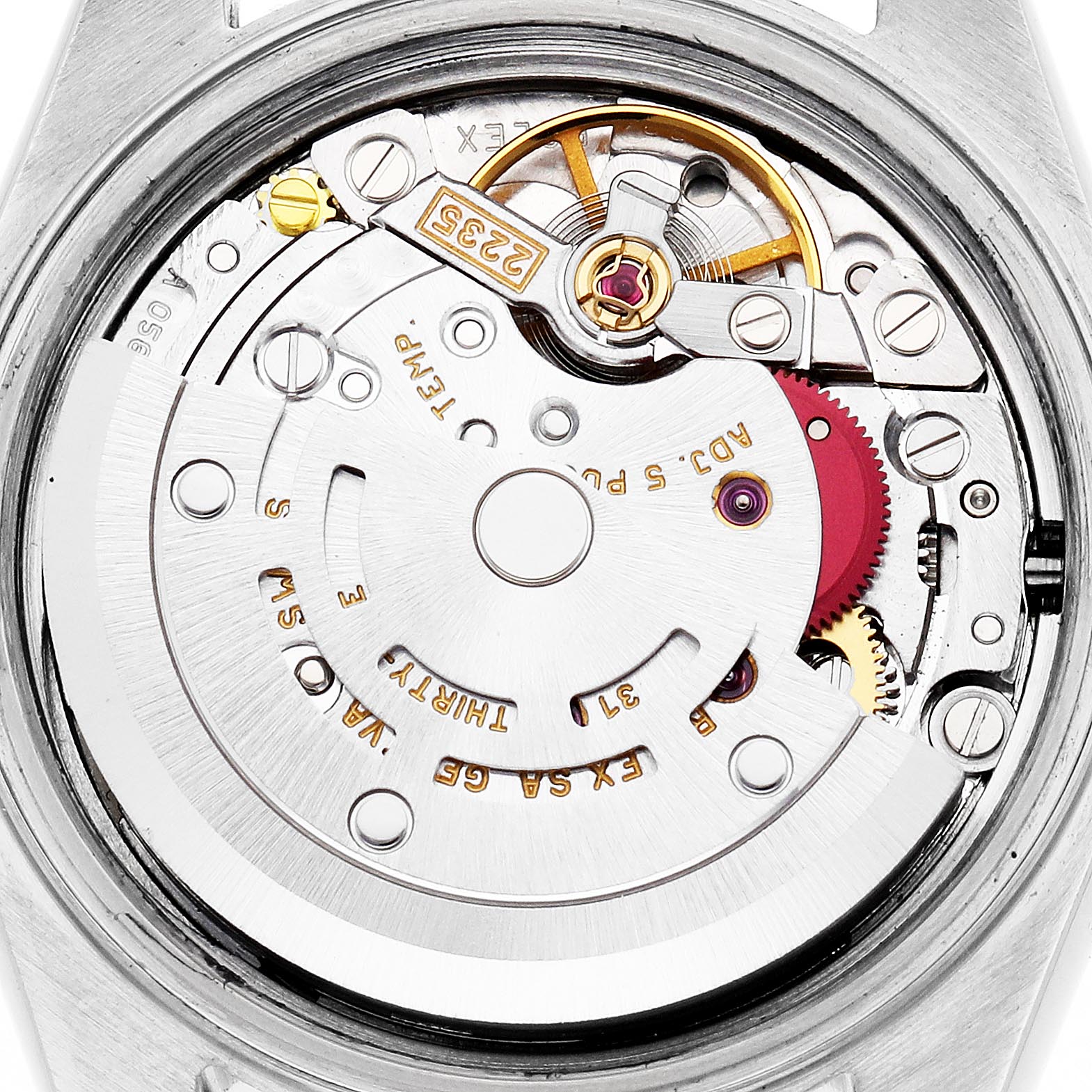 This image shows the movement of a Rolex Datejust 79174 Women's Stainless Steel Mother of Pearl Dial 79174 Women's Stainless Steel Mother of Pearl Dial watch from a top-down angle, revealing gears and mechanical components.