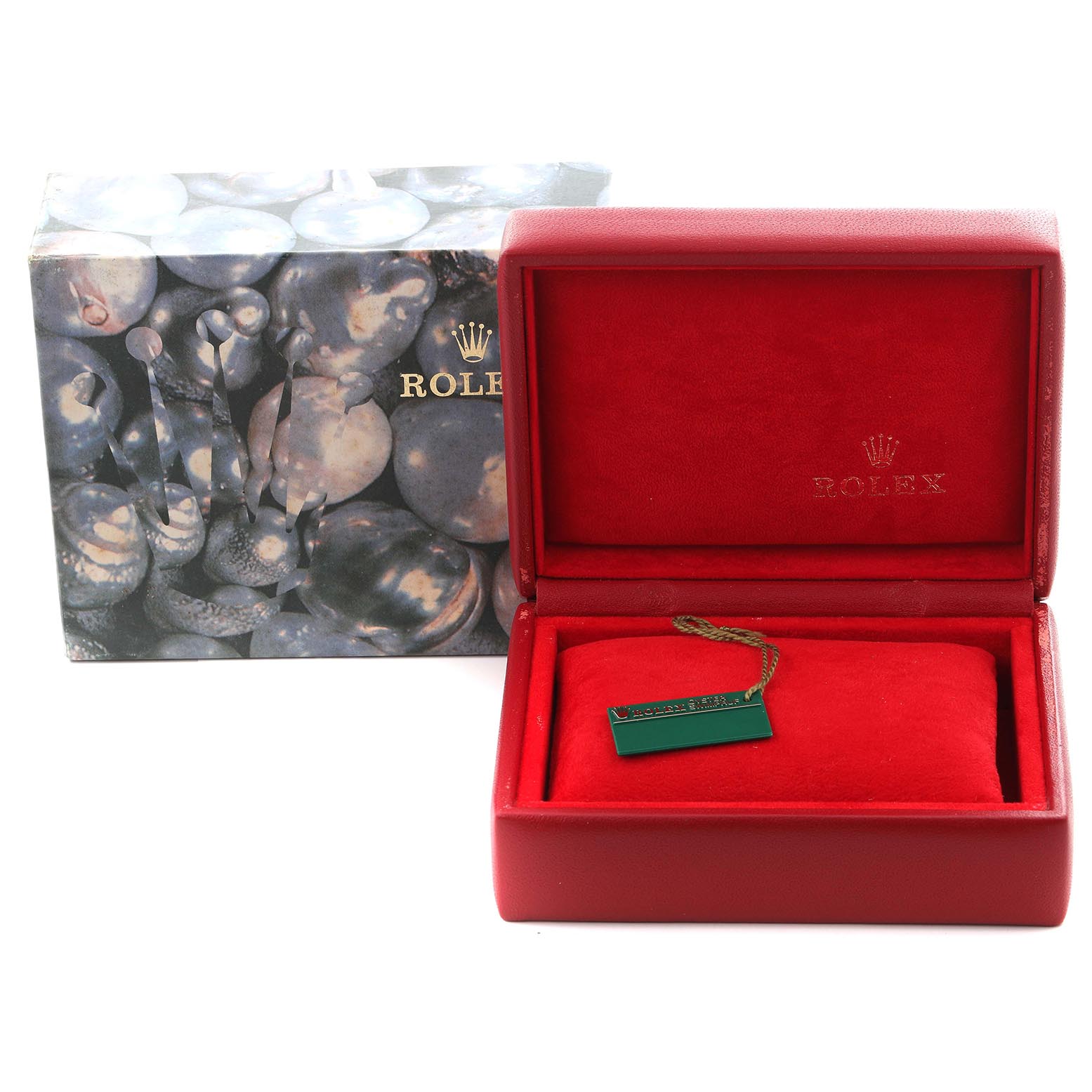 The image shows a Rolex Datejust 79174 Women's Stainless Steel Mother of Pearl Dial 79174 Women's Stainless Steel Mother of Pearl Dial watch box and tag, viewed from the front, with an oyster-themed outer box.