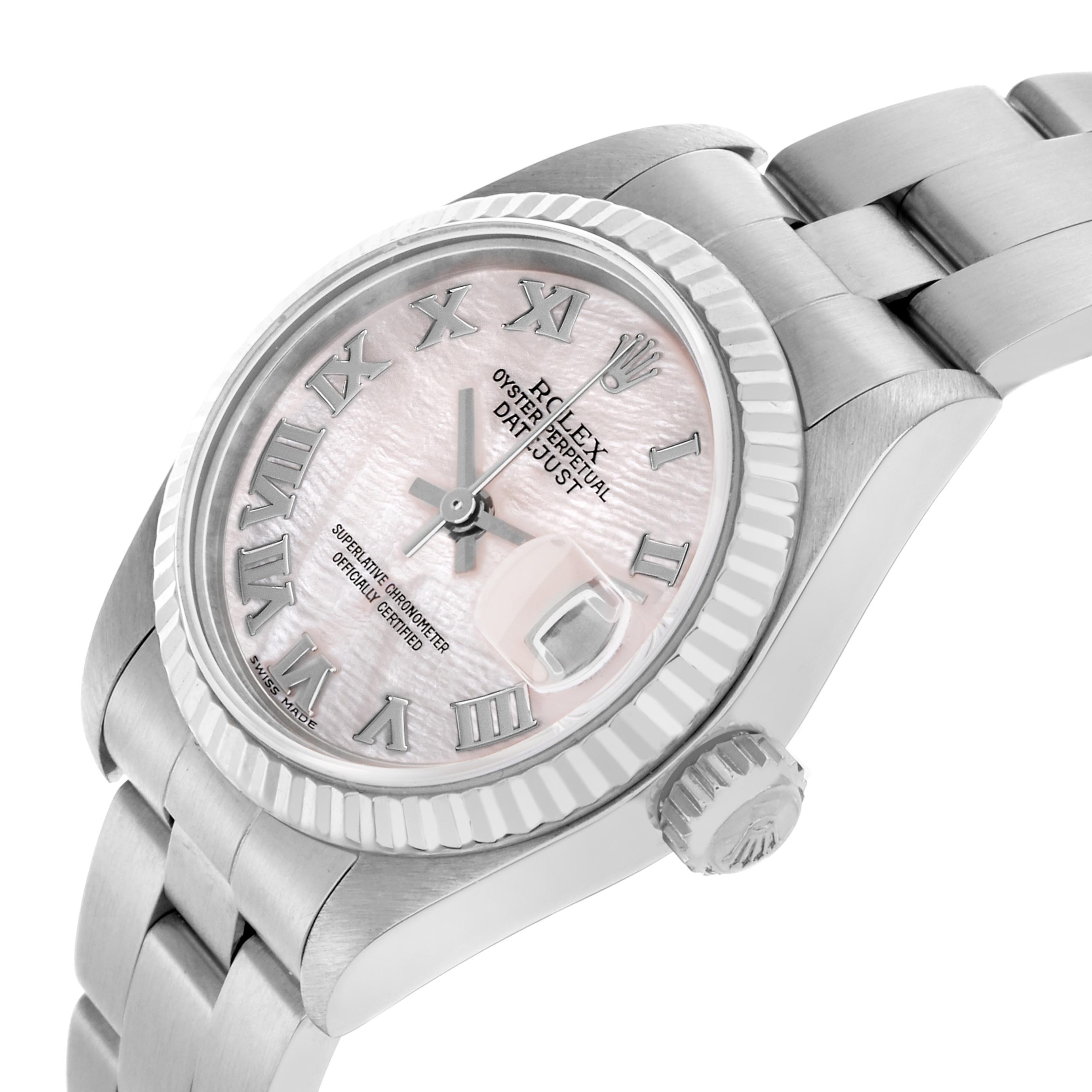 The Rolex Datejust 79174 Women's Stainless Steel Mother of Pearl Dial 79174 Women's Stainless Steel Mother of Pearl Dial watch is shown at an angled side view, displaying the face, bezel, crown, and part of the bracelet.