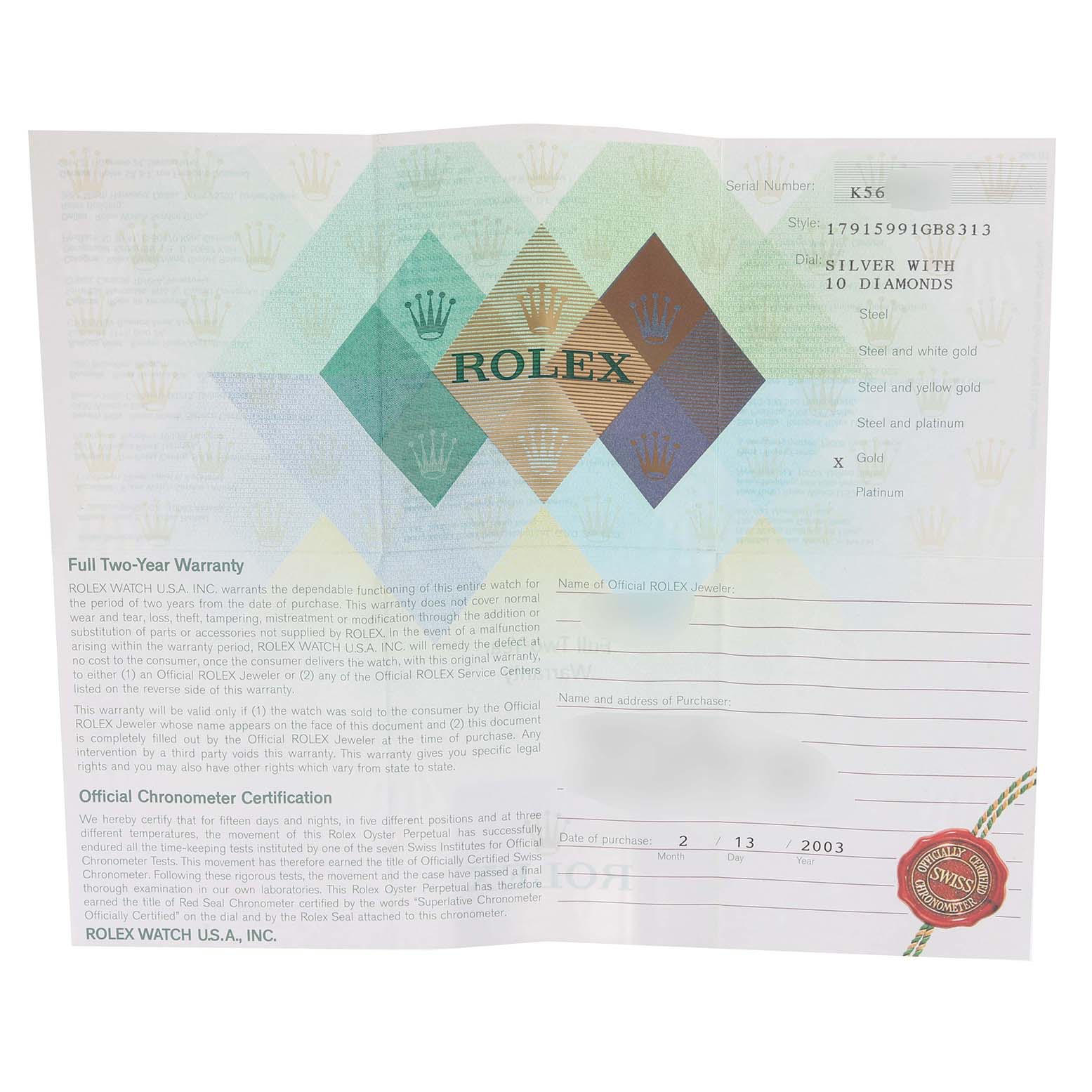 This is a close-up of a warranty certificate for a Rolex President 179159 Women's White Gold Silver Dial 179159 Women's White Gold Silver Dial model watch.