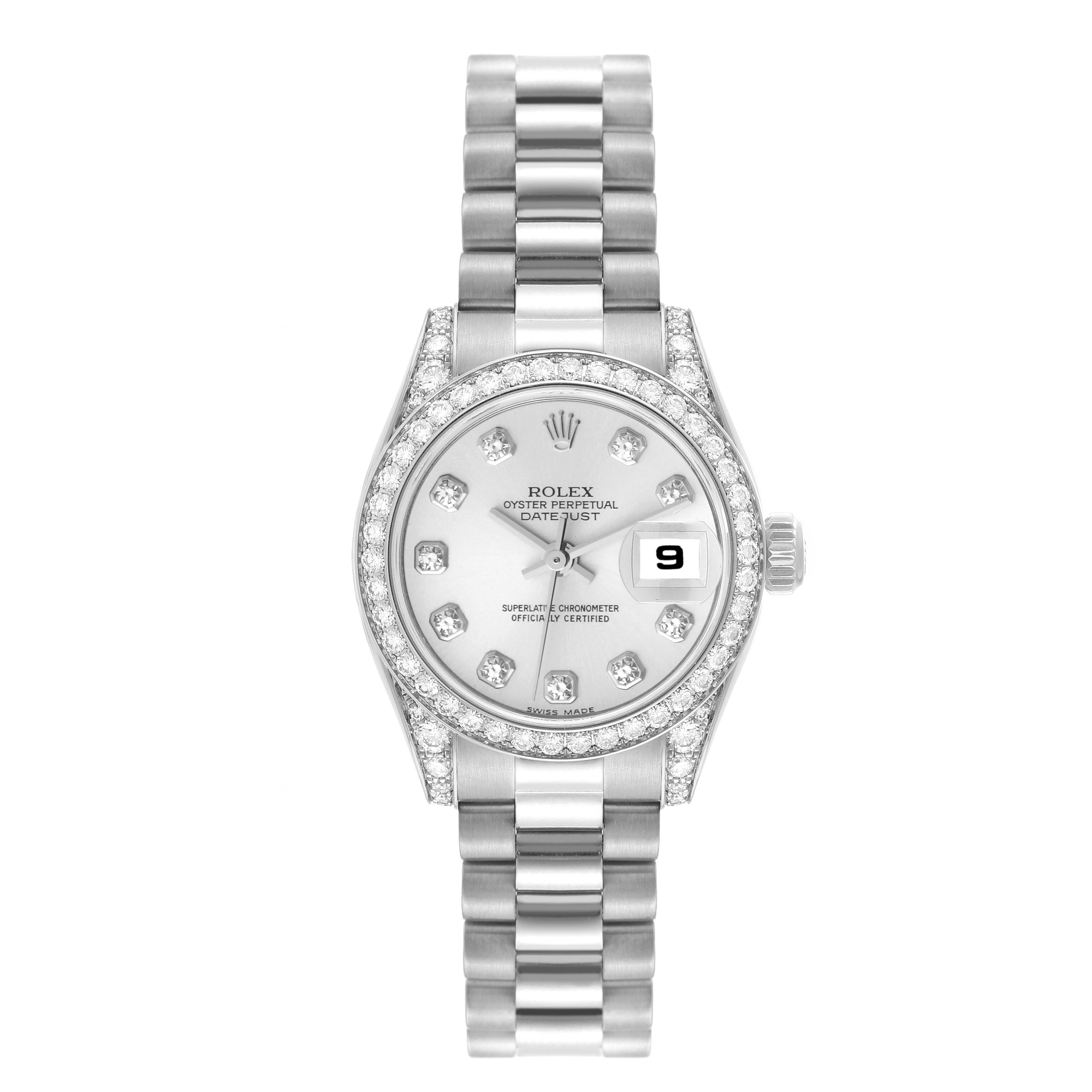 This image shows a front view of a Rolex President 179159 Women's White Gold Silver Dial 179159 Women's White Gold Silver Dial model watch, displaying the dial, bezel, and bracelet.