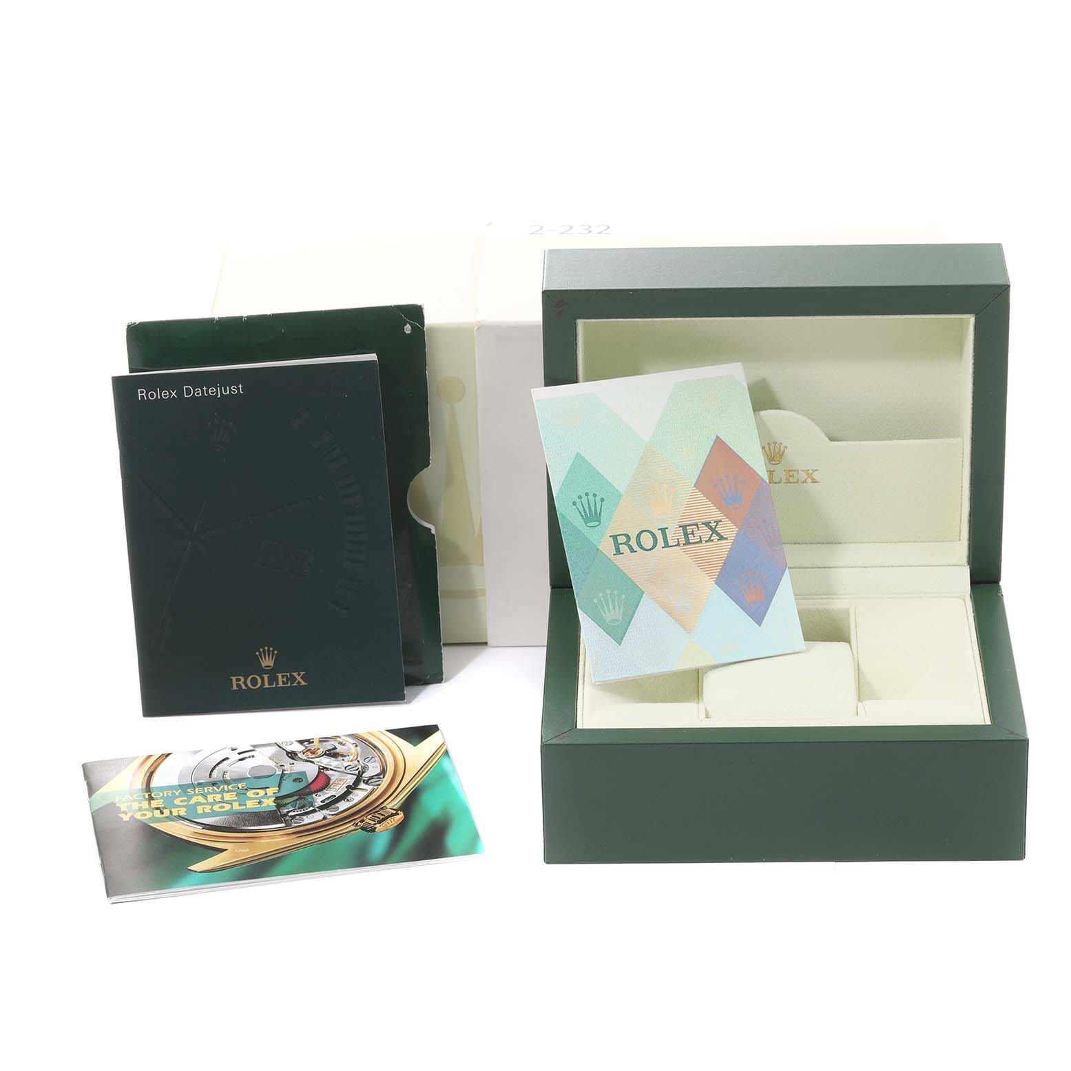 The image shows the packaging, manuals, and box of a Rolex President 179159 Women's White Gold Silver Dial 179159 Women's White Gold Silver Dial model watch but not the watch itself.