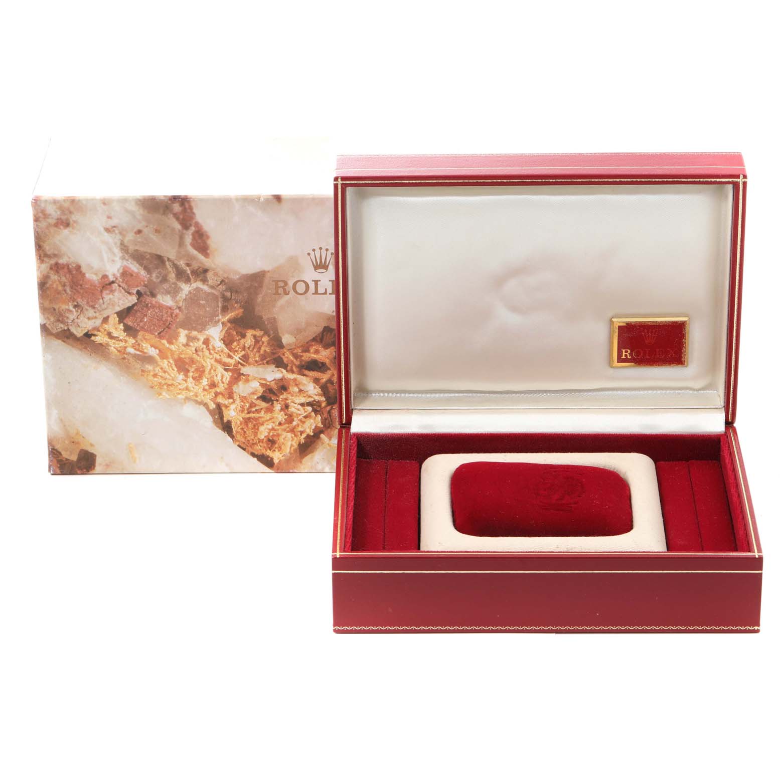 The image shows an open red Rolex watch box with a velvet cushion, and an outer decorative carton for the Rolex President 69138 Women's Yellow Gold Black Dial 69138 Women's Yellow Gold Black Dial model.