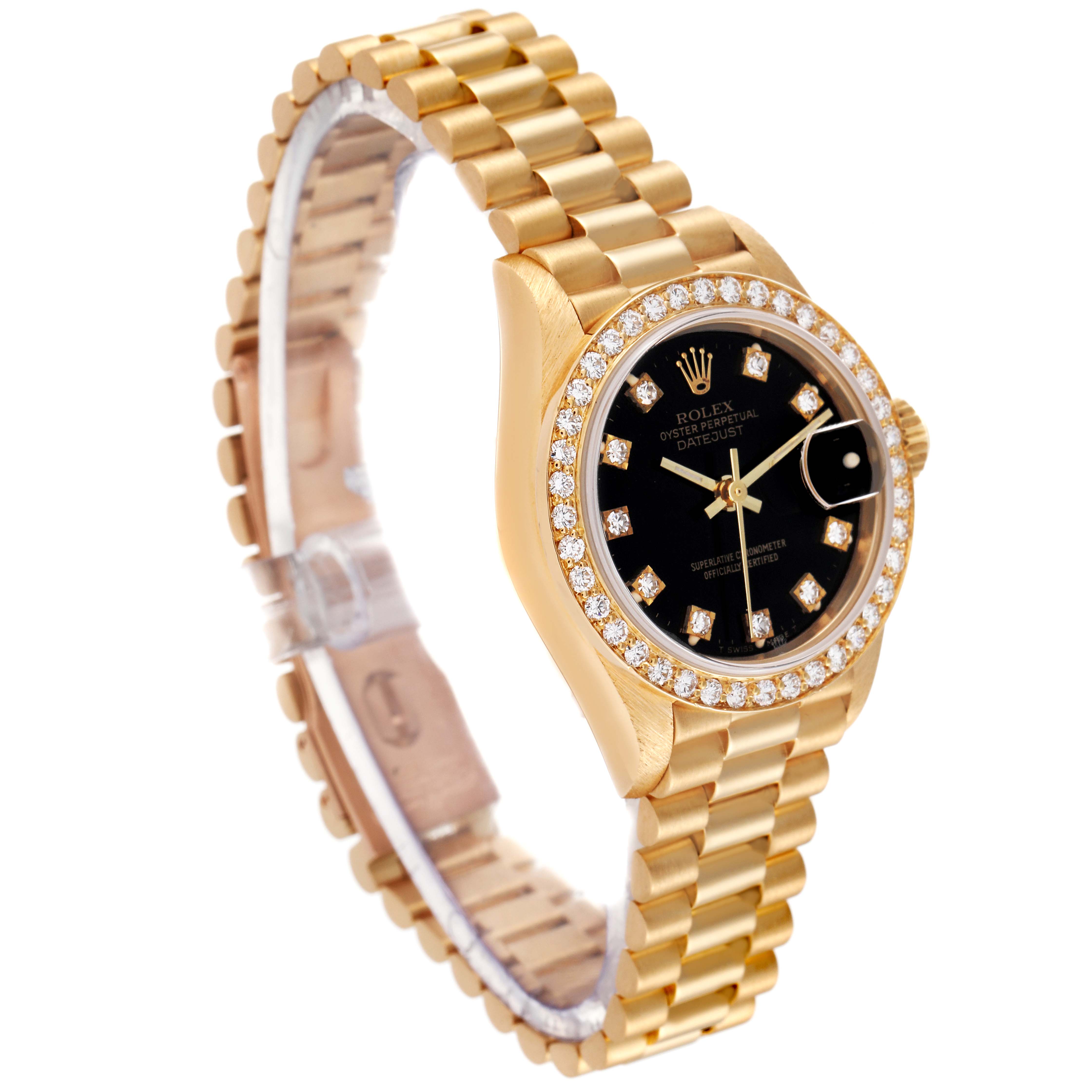 The image shows a Rolex President 69138 Women's Yellow Gold Black Dial 69138 Women's Yellow Gold Black Dial watch with a gold band, diamond bezel, and black dial, viewed from a slight front angle.