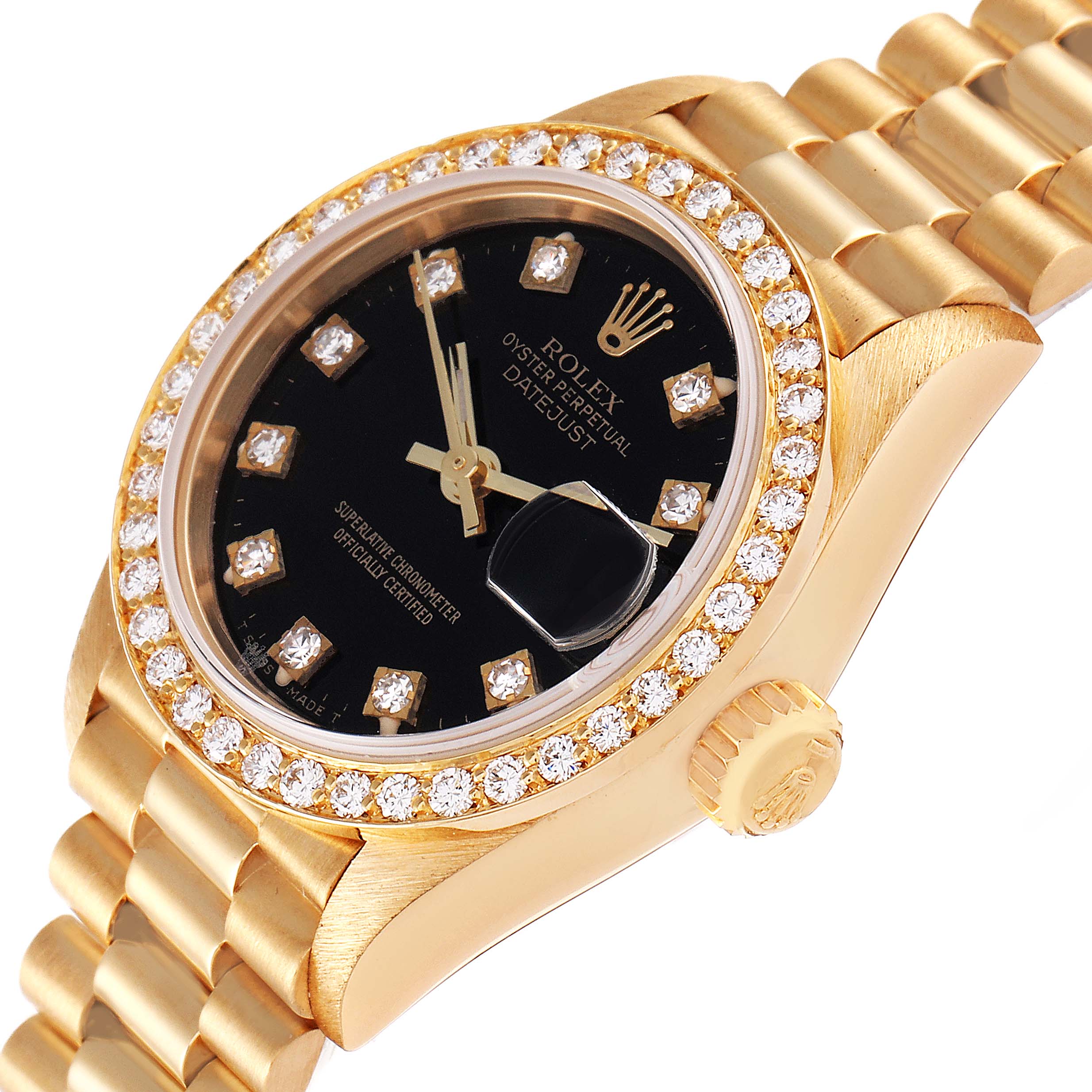 The image shows a close-up angle of the Rolex President 69138 Women's Yellow Gold Black Dial 69138 Women's Yellow Gold Black Dial model watch, highlighting its black dial, diamond-studded bezel, and gold bracelet.