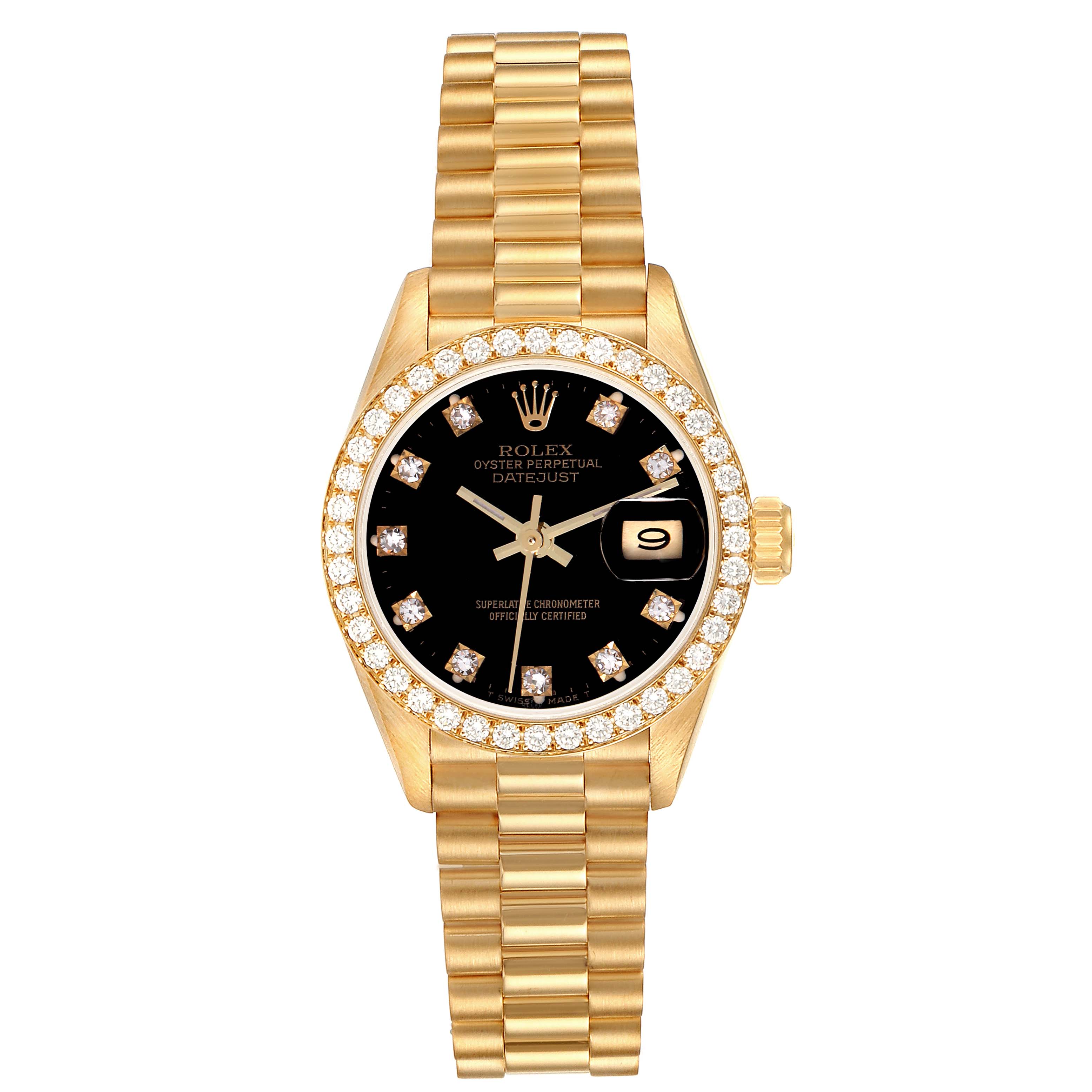 The image shows a front view of the Rolex President 69138 Women's Yellow Gold Black Dial 69138 Women's Yellow Gold Black Dial model watch, highlighting the gold bracelet, black dial, and diamond bezel.