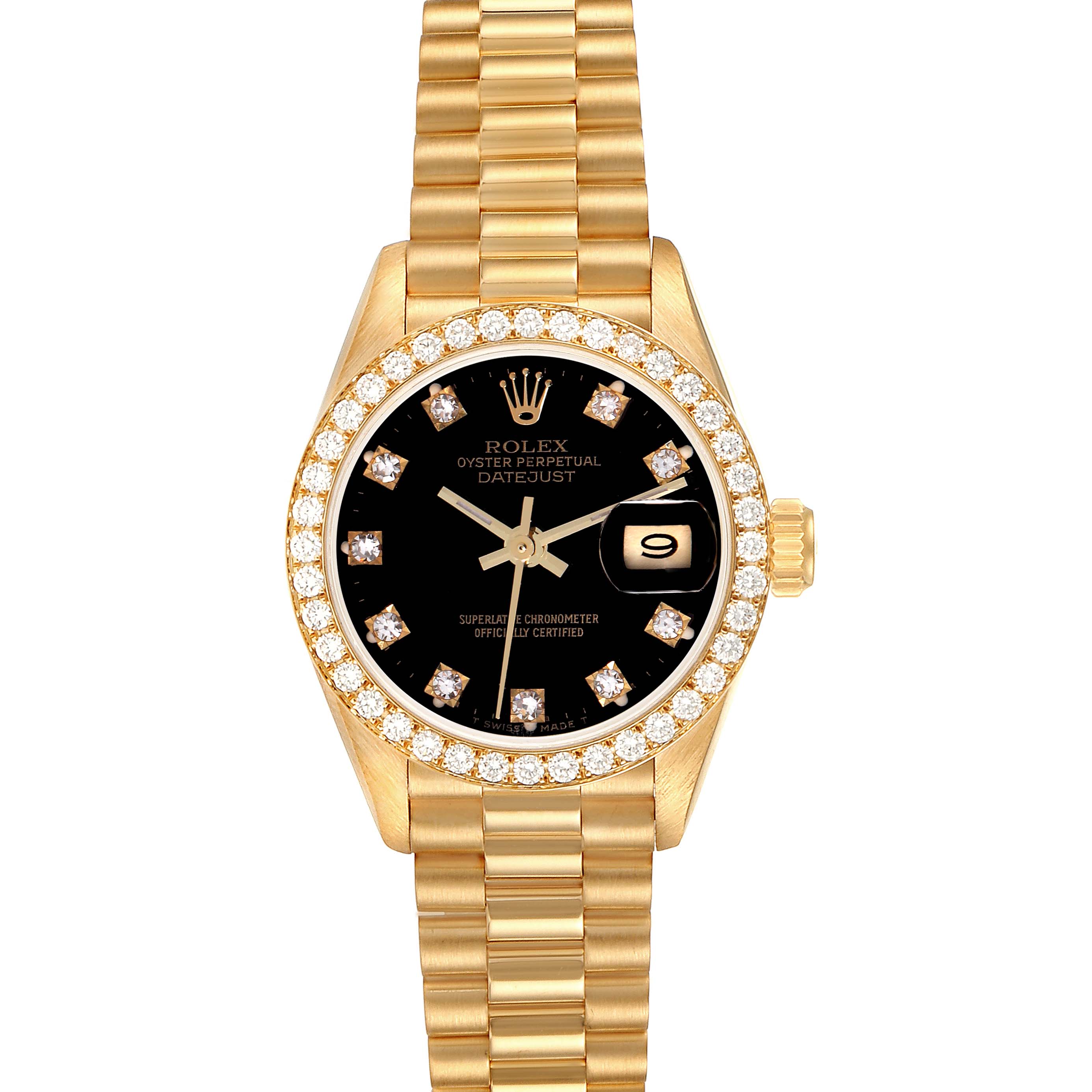 The Rolex President 69138 Women's Yellow Gold Black Dial 69138 Women's Yellow Gold Black Dial Datejust watch is shown from a front angle, displaying its dial, bezel, and bracelet.